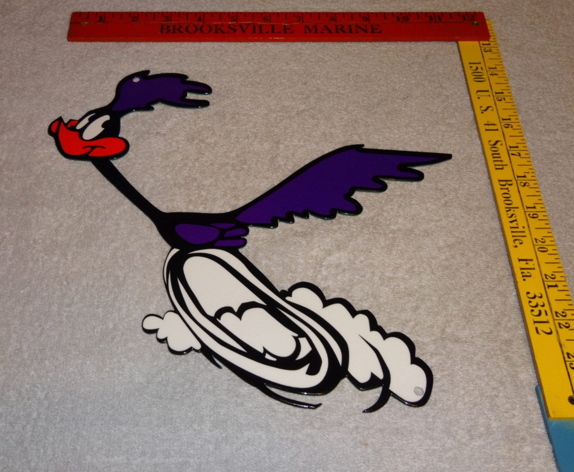 VINTAGE ROAD RUNNER DODGE BIRD 1' METAL LOONEY TUNES ROADRUNNER CAR GAS OIL SIGN