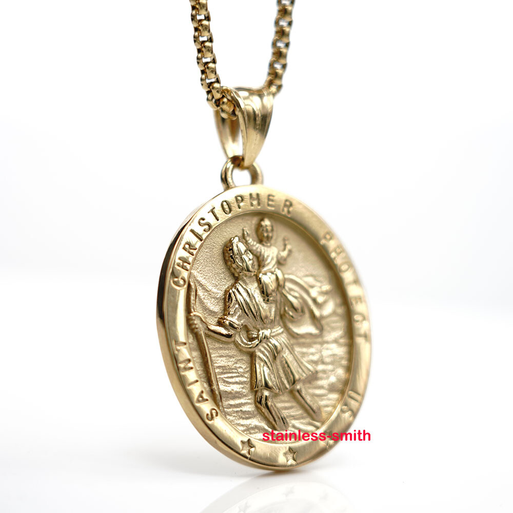 Gold Religious St Saint Christopher Catholic Medal Medallion Pendant Necklace Gold Religious St Saint Christopher Catholic Medal Medallion Pendant Necklace