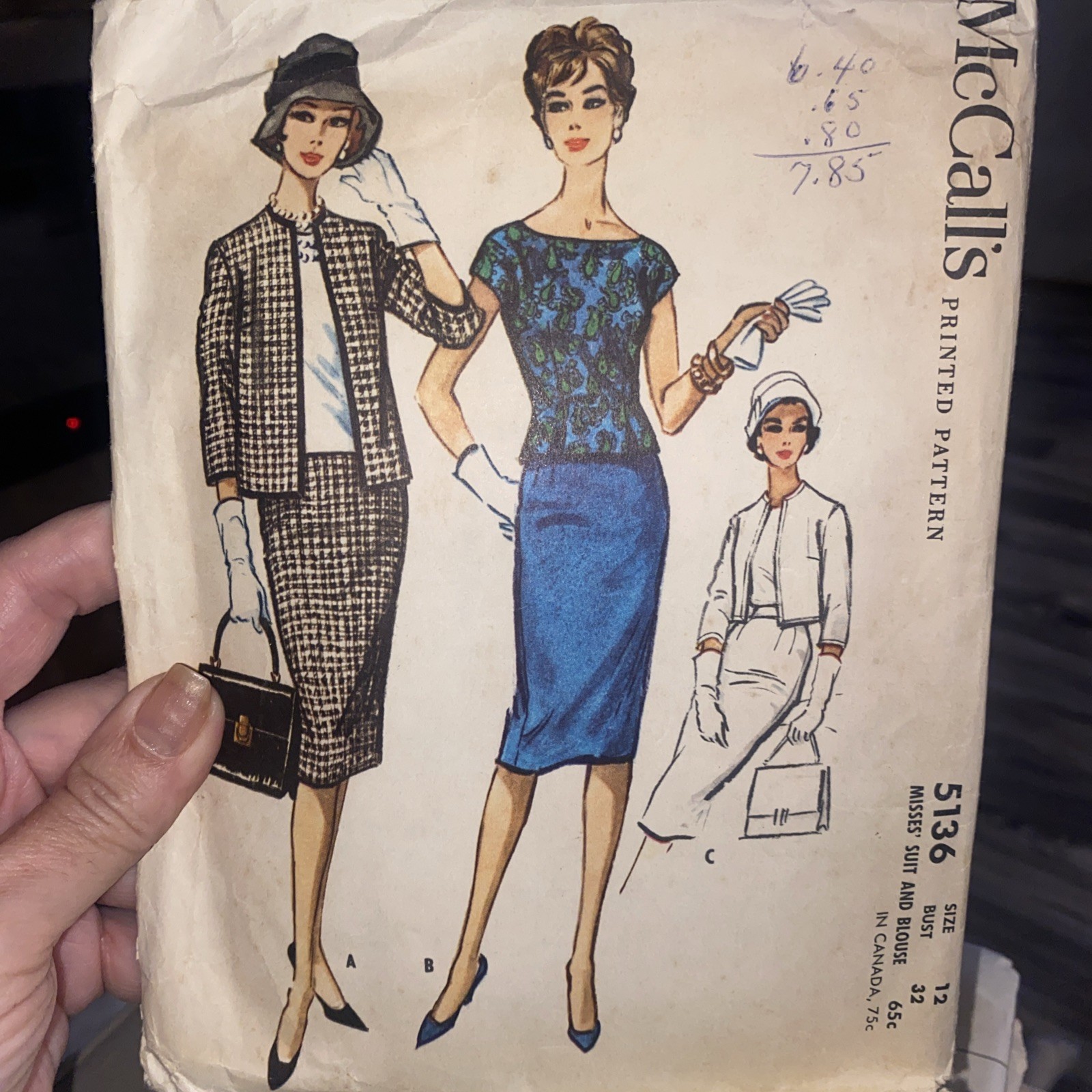 Vintage 1959 Cut McCall's 5136 Box Jacket, 3 gore skirts & cap - sz 12/ b 32