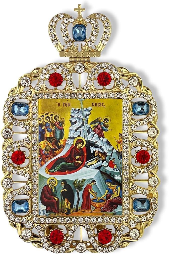 Ornate The Holy Family Nativity Greek Byzantine Gold Tone Framed Icon 5.75 In