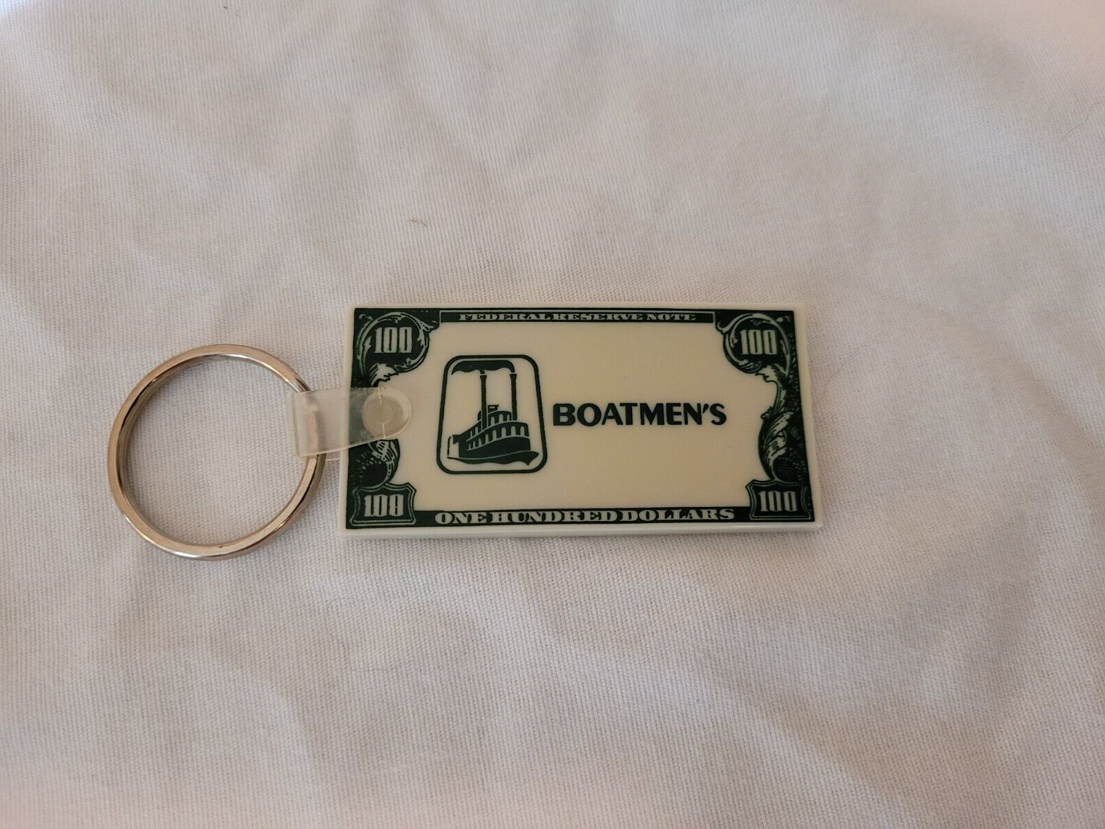 Vintage Boatmen\'s Bank 100 Dollar Bill Vinyl Rubber Keychain Fob Key Ring