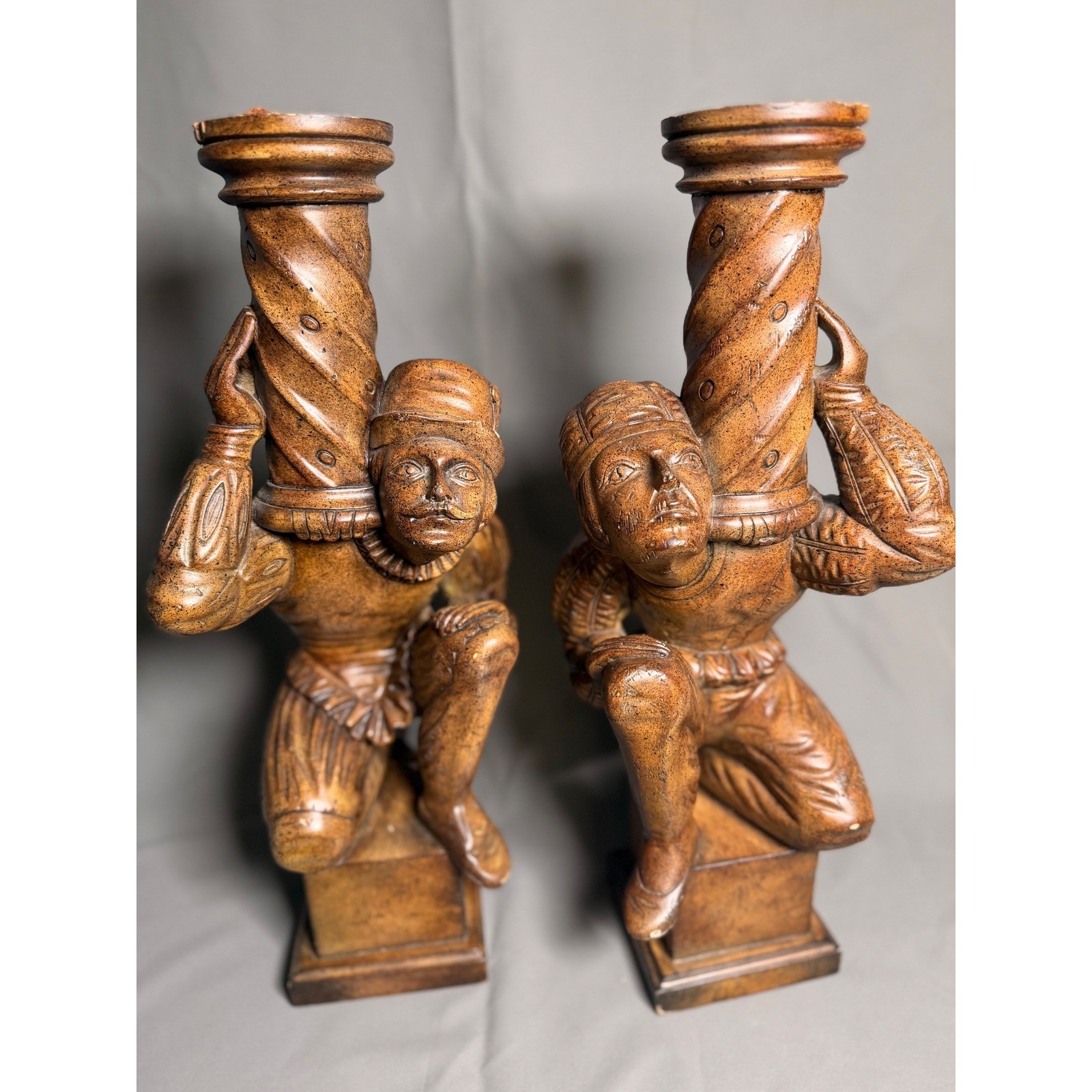 Vintage Renaissance Figural Hand Carved Reclaimed Wood Sculpture set of 2 Vintage Renaissance Figural Hand Carved Reclaimed Wood Sculpture set of 2