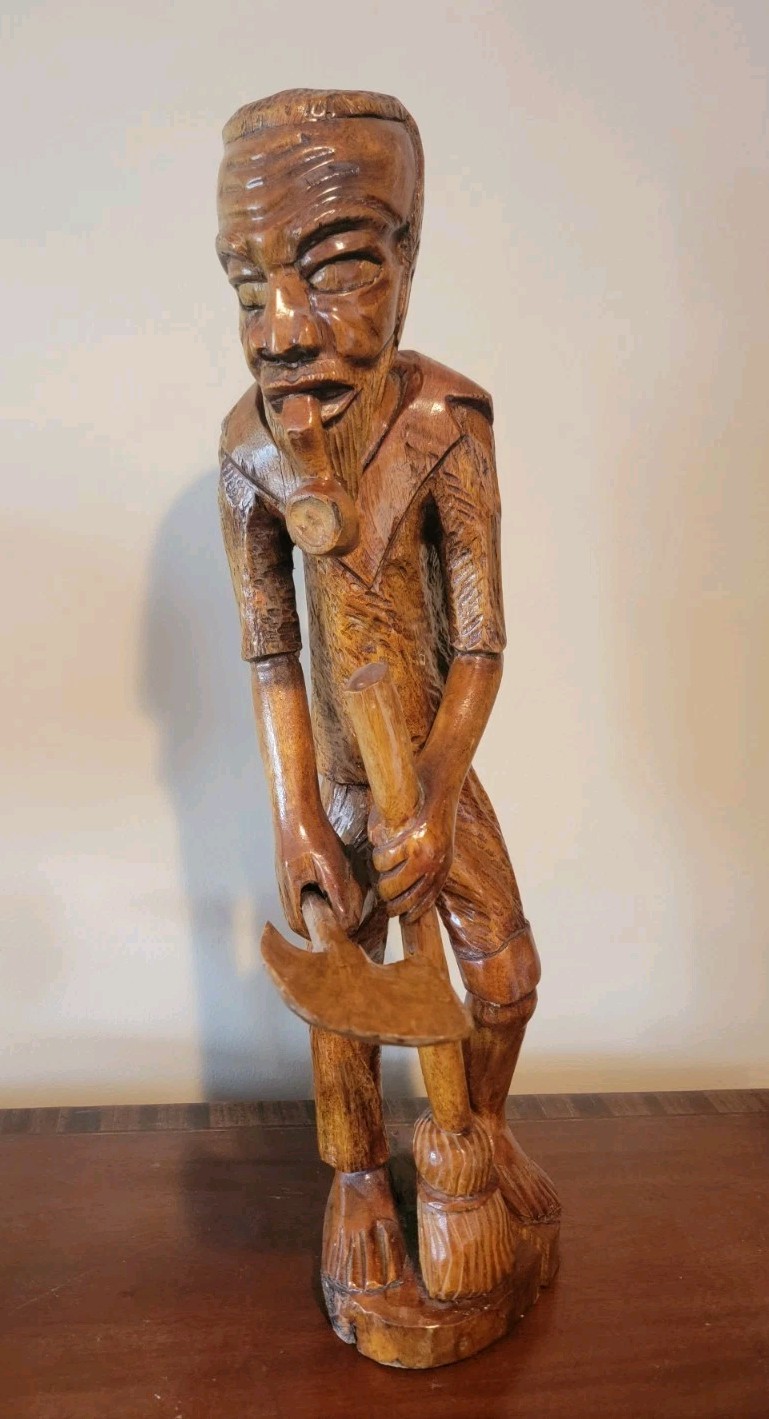 Vintage Hand Carved Wood Folk Art Sculpture Man with Shovel & Broom Large 23"
