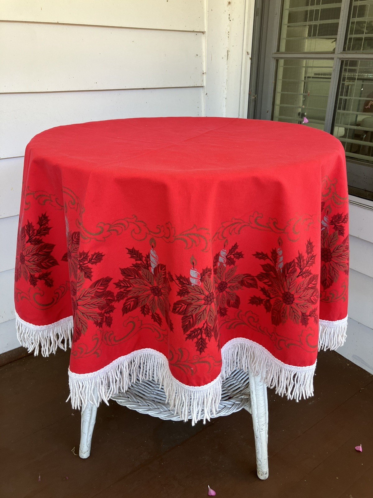 Vintage 60’s MC Red Cotton Round Poinsettia Christmas Fringe Tablecloth 54” Vintage 60’s MC Red Cotton Round Poinsettia Christmas Fringe Tablecloth 54”