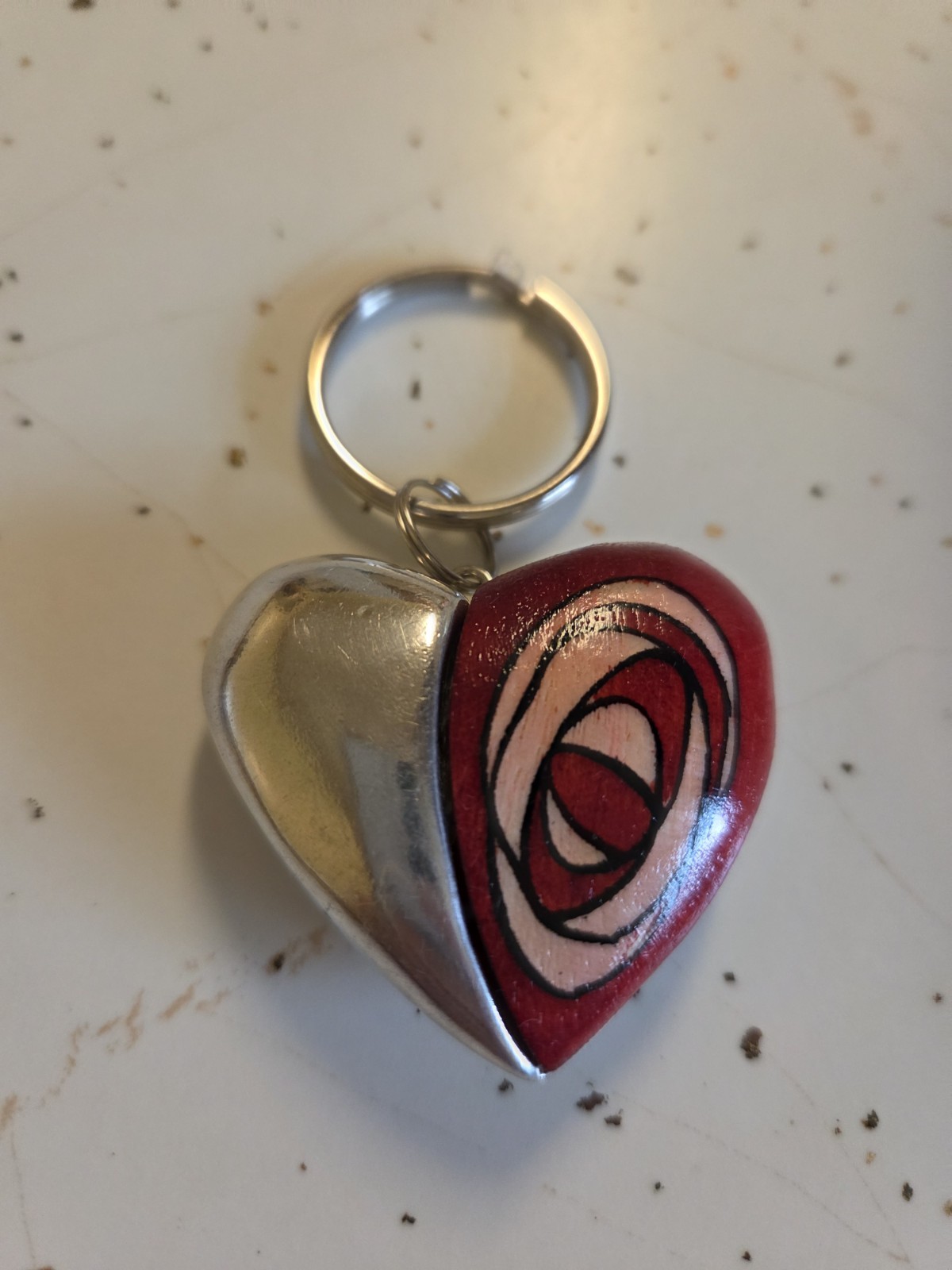 Metal Puffy Heart Keychain Silver Tone Red & White Swirl Enamel Flower Rose