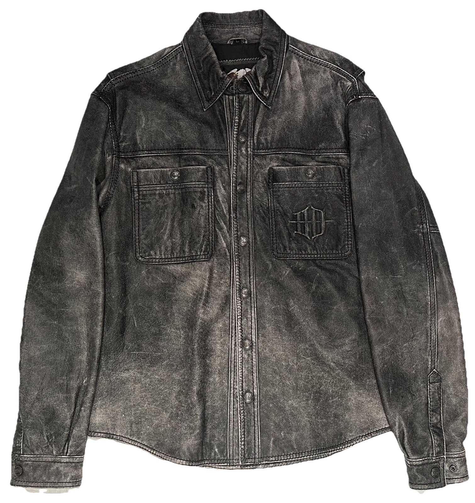 HARLEY DAVIDSON LEATHER MOTORCYCLE SHIRT JACKET MENS L SNAP LOGO BUTN DISTRESSED HARLEY DAVIDSON LEATHER MOTORCYCLE SHIRT JACKET MENS L SNAP LOGO BUTN DISTRESSED