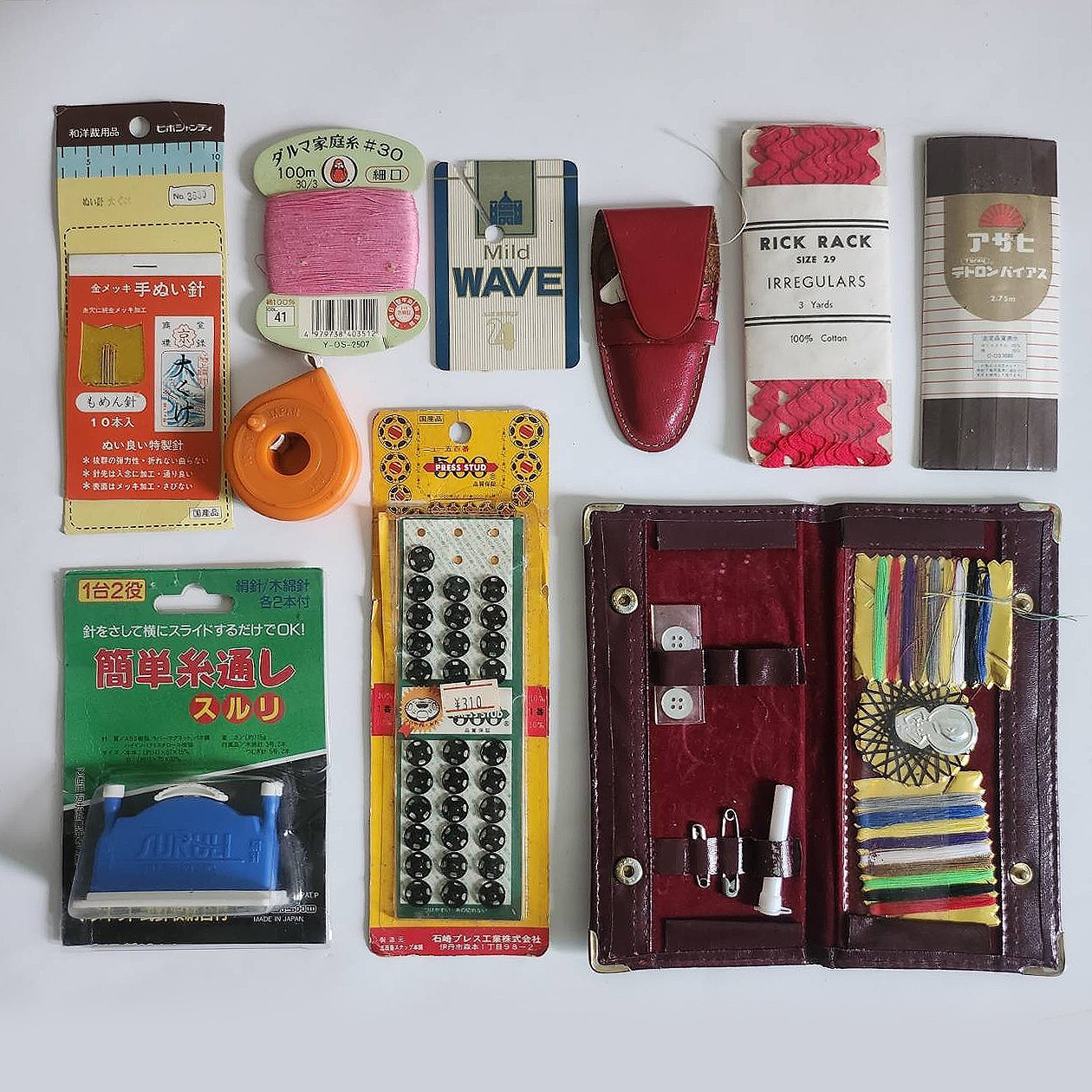 Vintage Japanese Sewing Notions Lot Retro Craft Supplies Case Ribbons Needles Vintage Japanese Sewing Notions Lot Retro Craft Supplies Case Ribbons Needles