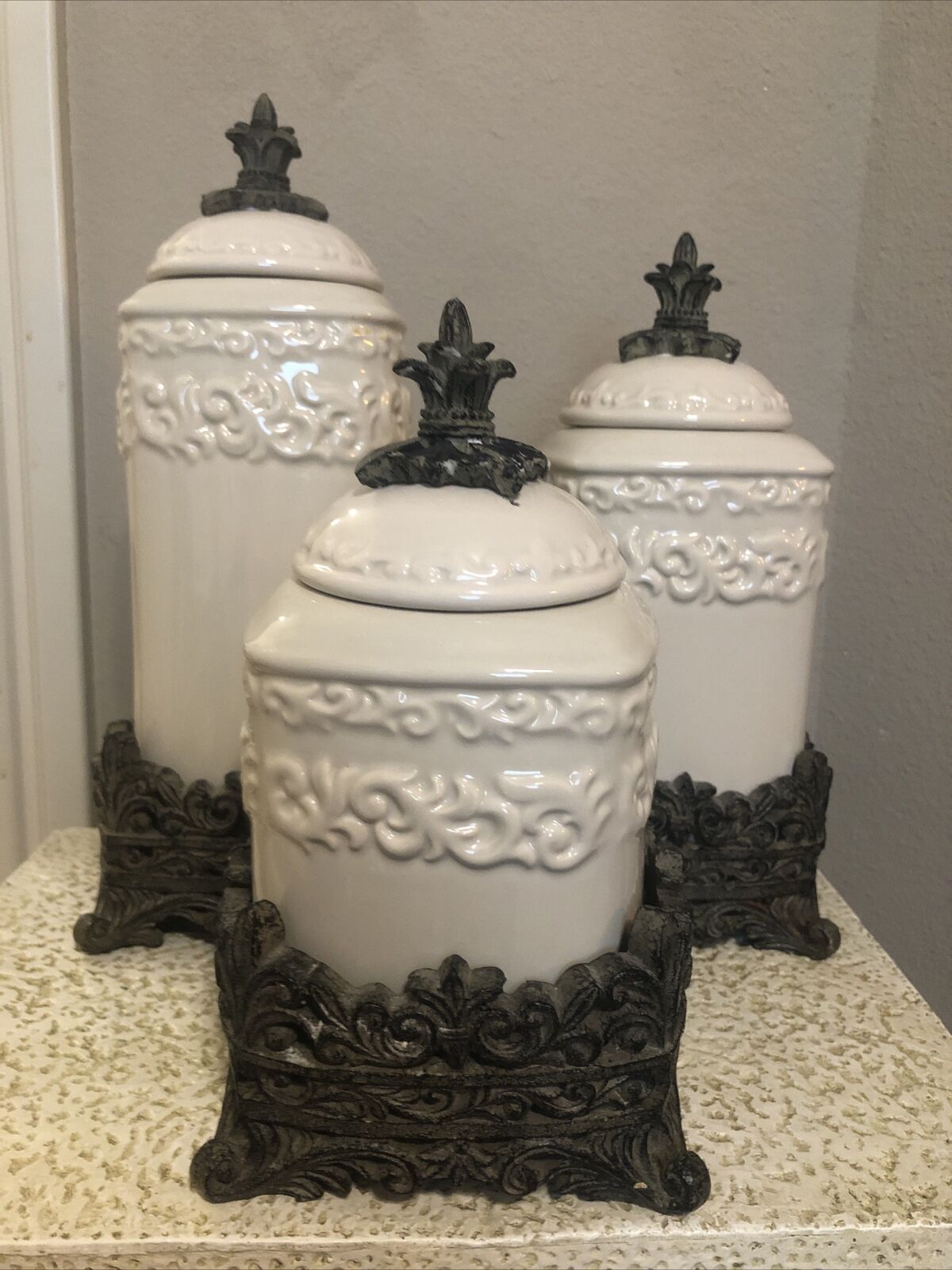 Drake Design Tuscan Scroll and Fleur De Lis Canisters 3 Piece Set 