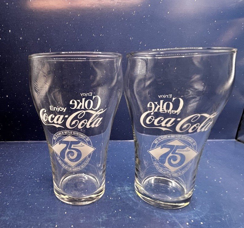 2 Vtg 1970s Coca Cola Enjoy Coke 75th Ann. Dallas, TX Soda Fountain Glasses Set
