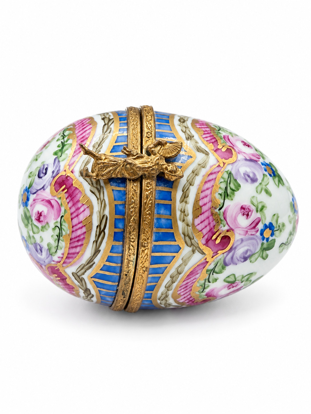 Limoges France Peint Main Porcelain Egg Trinket Box Hand Painted Floral Blue Limoges France Peint Main Porcelain Egg Trinket Box Hand Painted Floral Blue