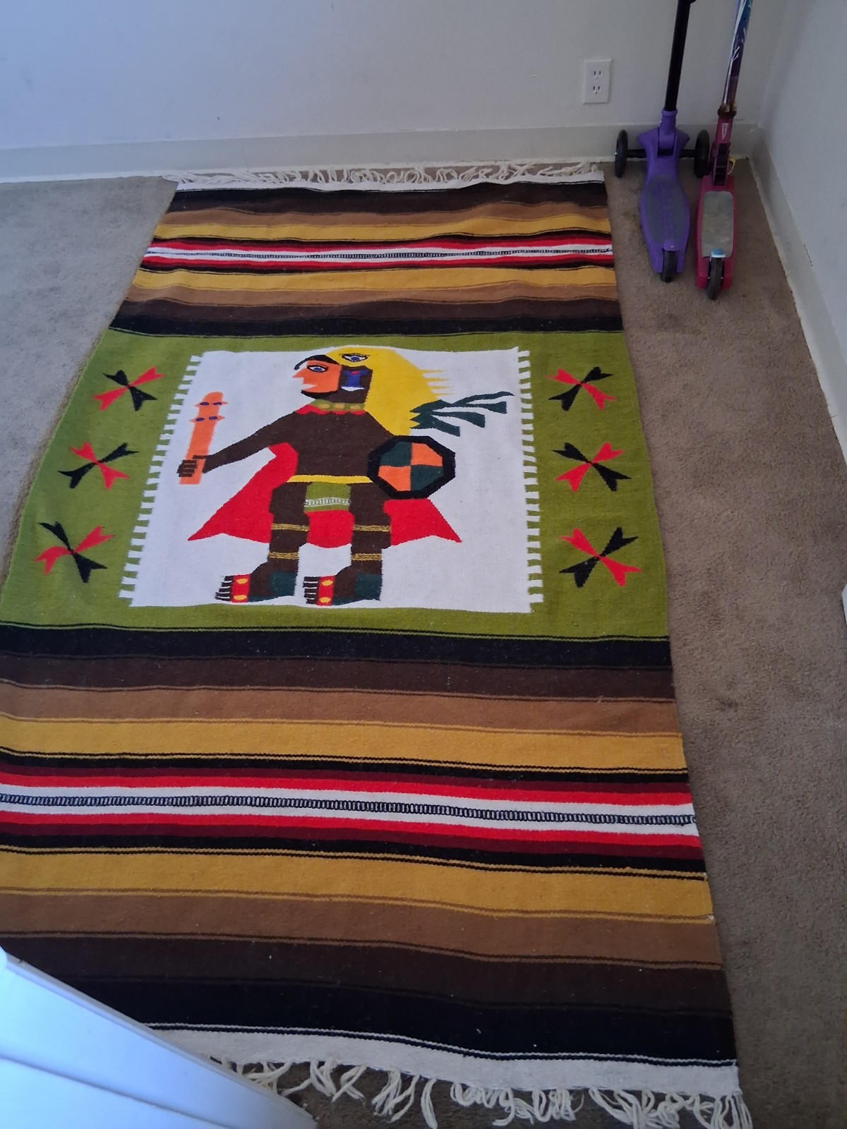 Vintage Hand Woven Aztec Warrior Native Mexican Wool Rug,. 87"×47" Vintage Hand Woven Aztec Warrior Native Mexican Wool Rug,. 87"×47"