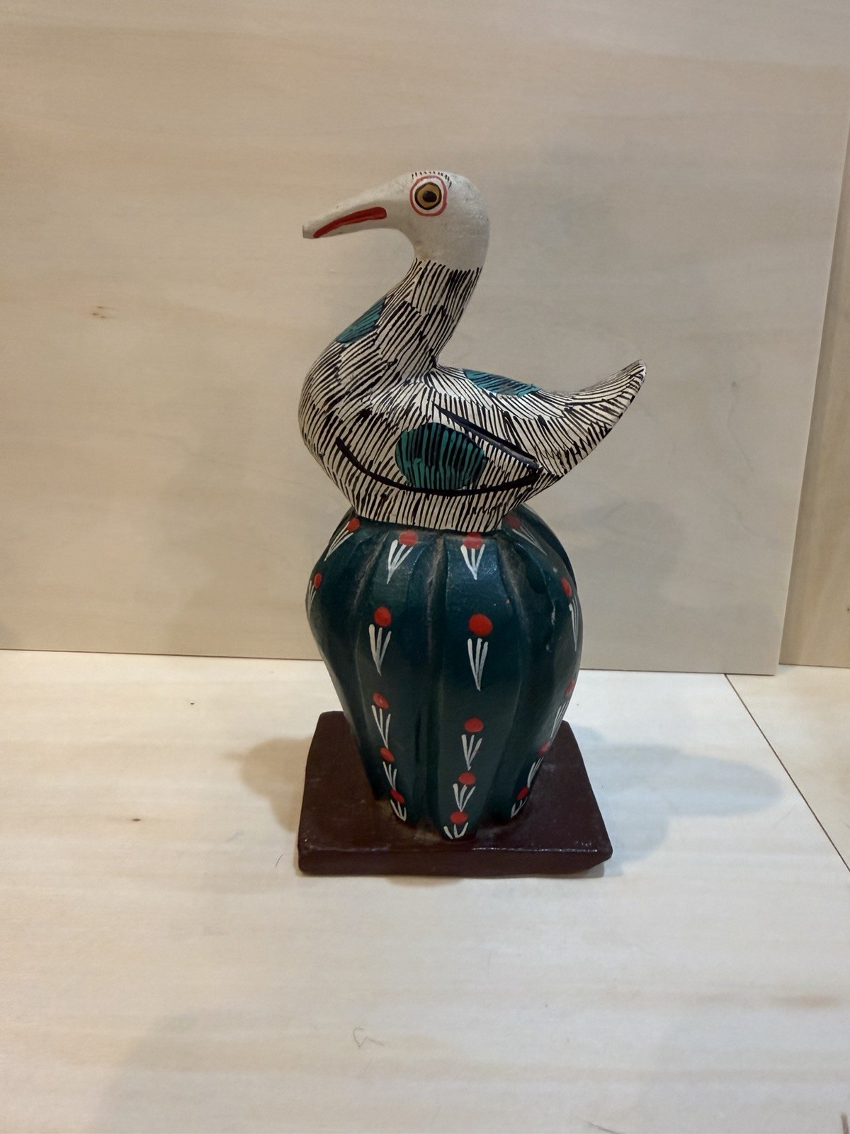 Vintage Juan Hernandez Cruz Oaxaca Wood Carving Mexican Folk Bird Cactus Signed
