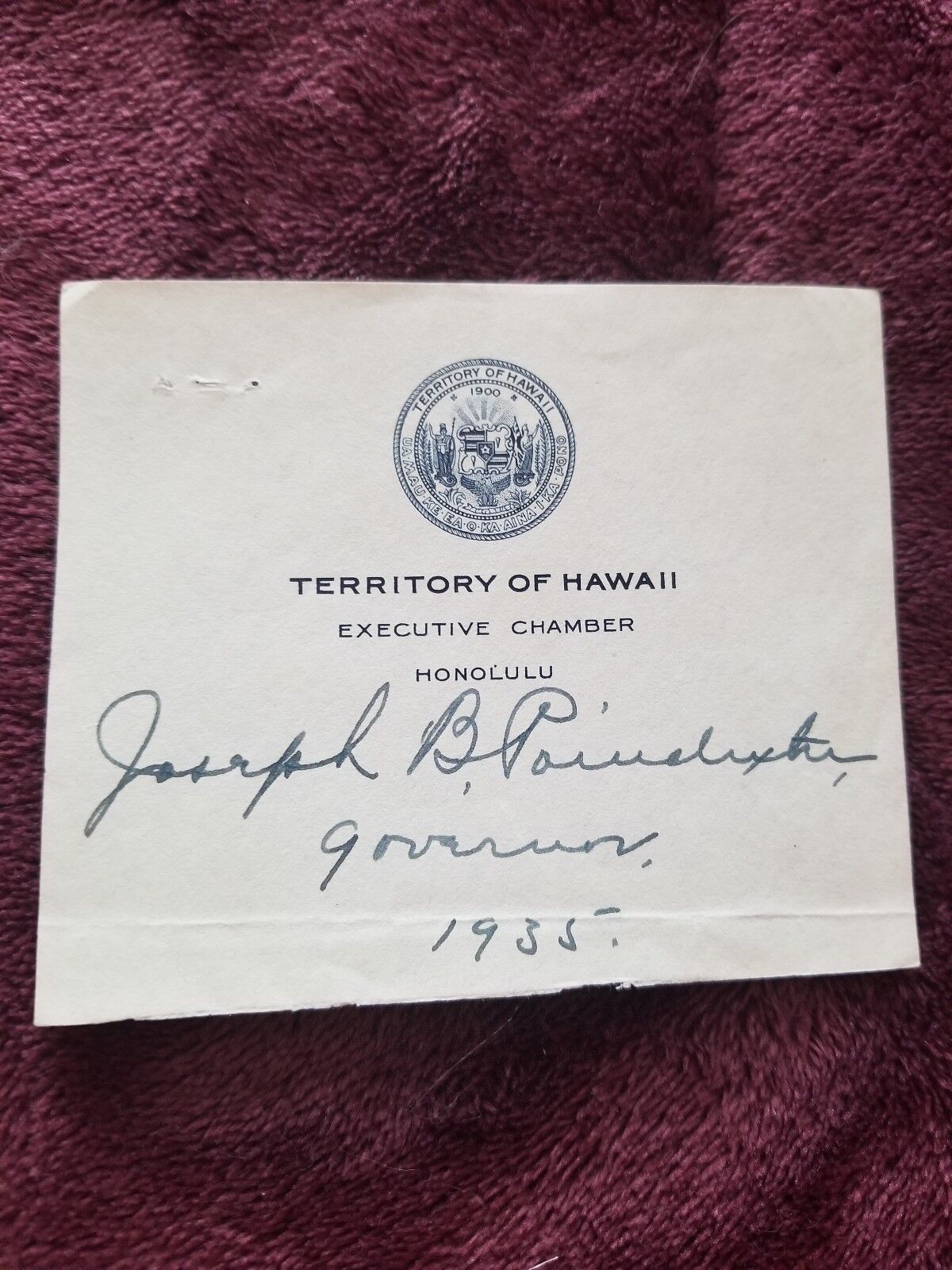 Joseph Poindexter signed letterhead cut 8th Territorial Governor of Hawaii