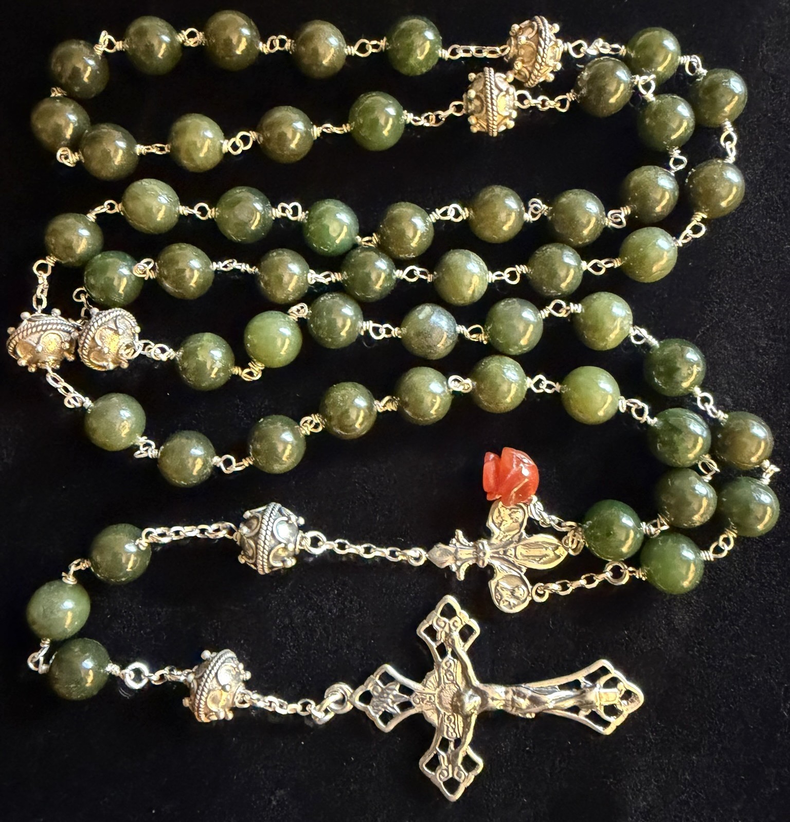 Handmade Artisan Sterling Silver Catholic Rosary Nephrite Jade Gemstone Beads Handmade Artisan Sterling Silver Catholic Rosary Nephrite Jade Gemstone Beads