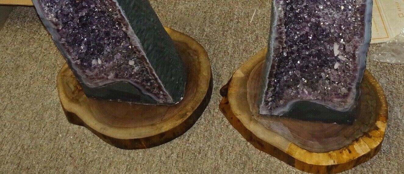 PAIR OF SOLID BLACK WALNUT CRYSTAL CLUSTER CATHEDRAL GEODE STANDS LIVE EDGE