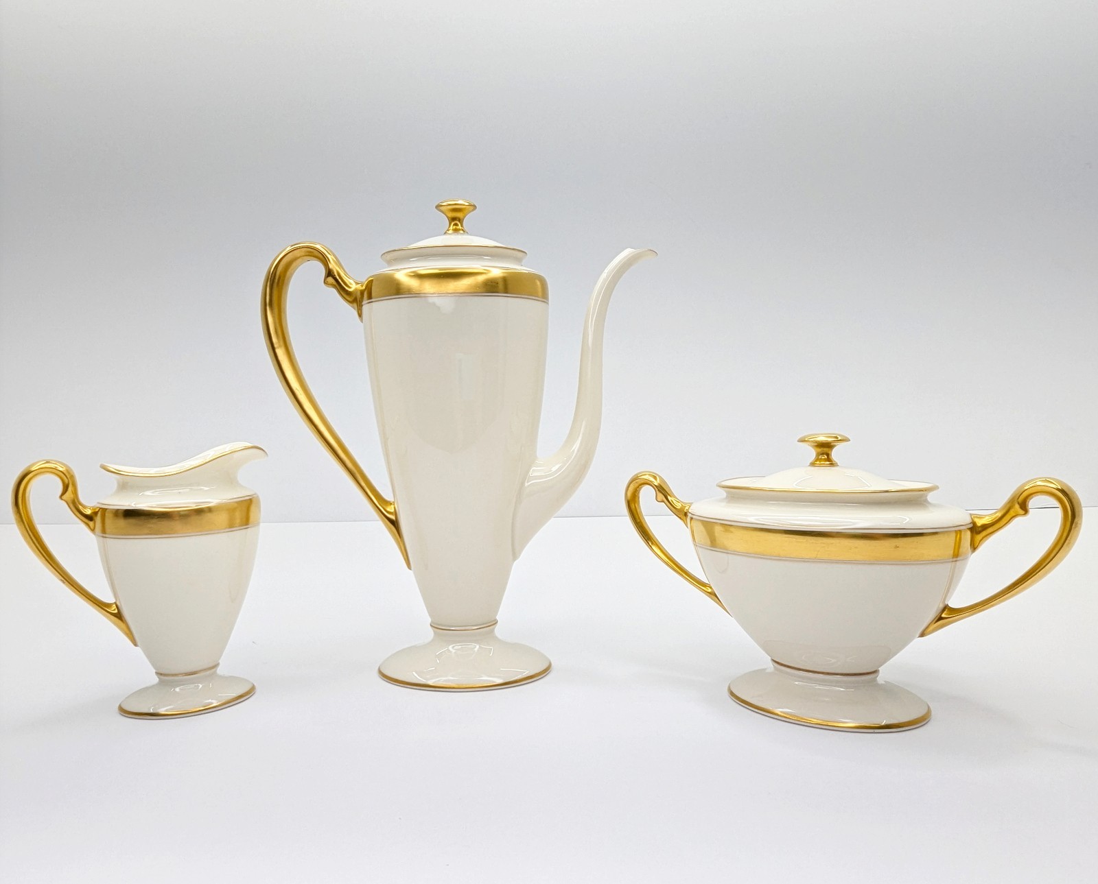 Antique Lenox 86 1-2 Coffee Pot Creamer Sugar Set Gold Band Green Backstamp 1/2