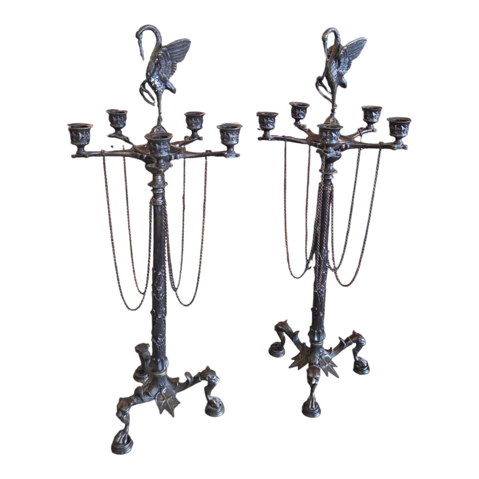 Antique Victorian 23" Cast Metal 5 Light Candelabra Figural Heron Snake & Turtle Antique Victorian 23" Cast Metal 5 Light Candelabra Figural Heron Snake & Turtle