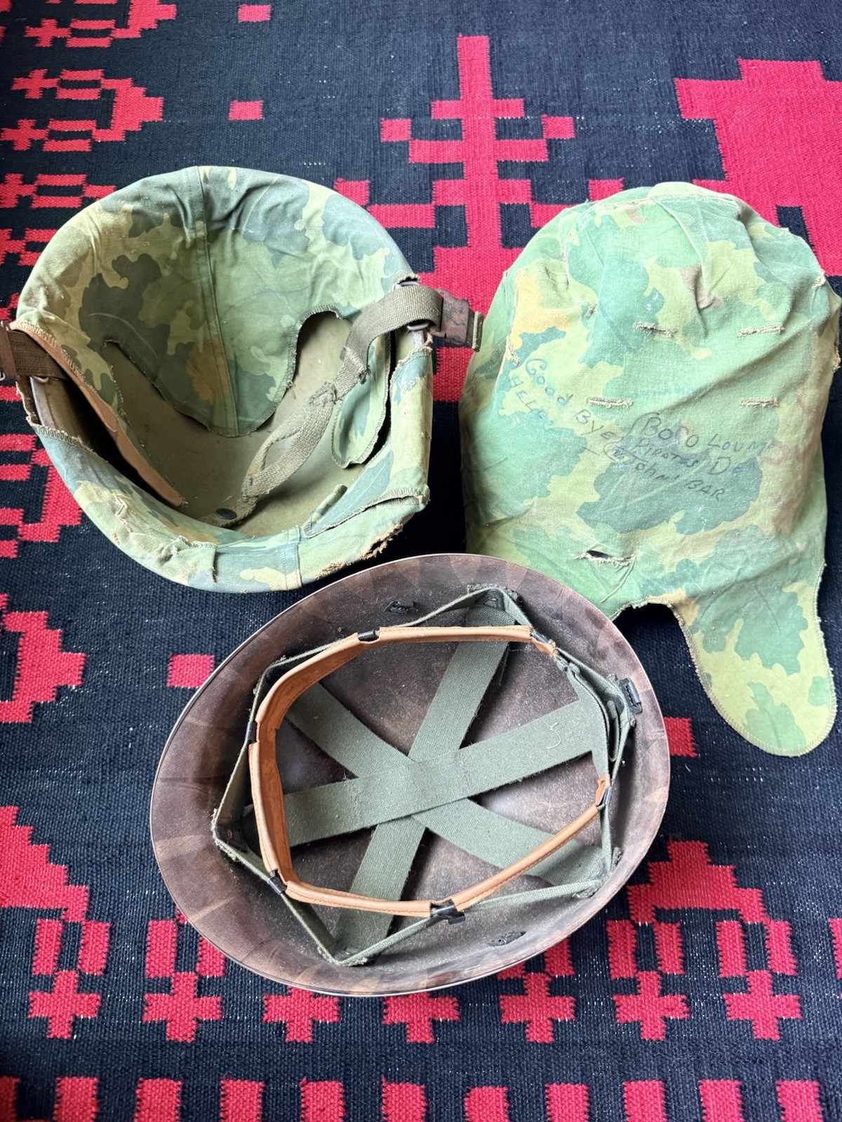 Vintage 60s M1 Steel Helmet & Liner 2 Mitchell Camo Covers Handwritten Graffiti Vintage 60s M1 Steel Helmet & Liner 2 Mitchell Camo Covers Handwritten Graffiti
