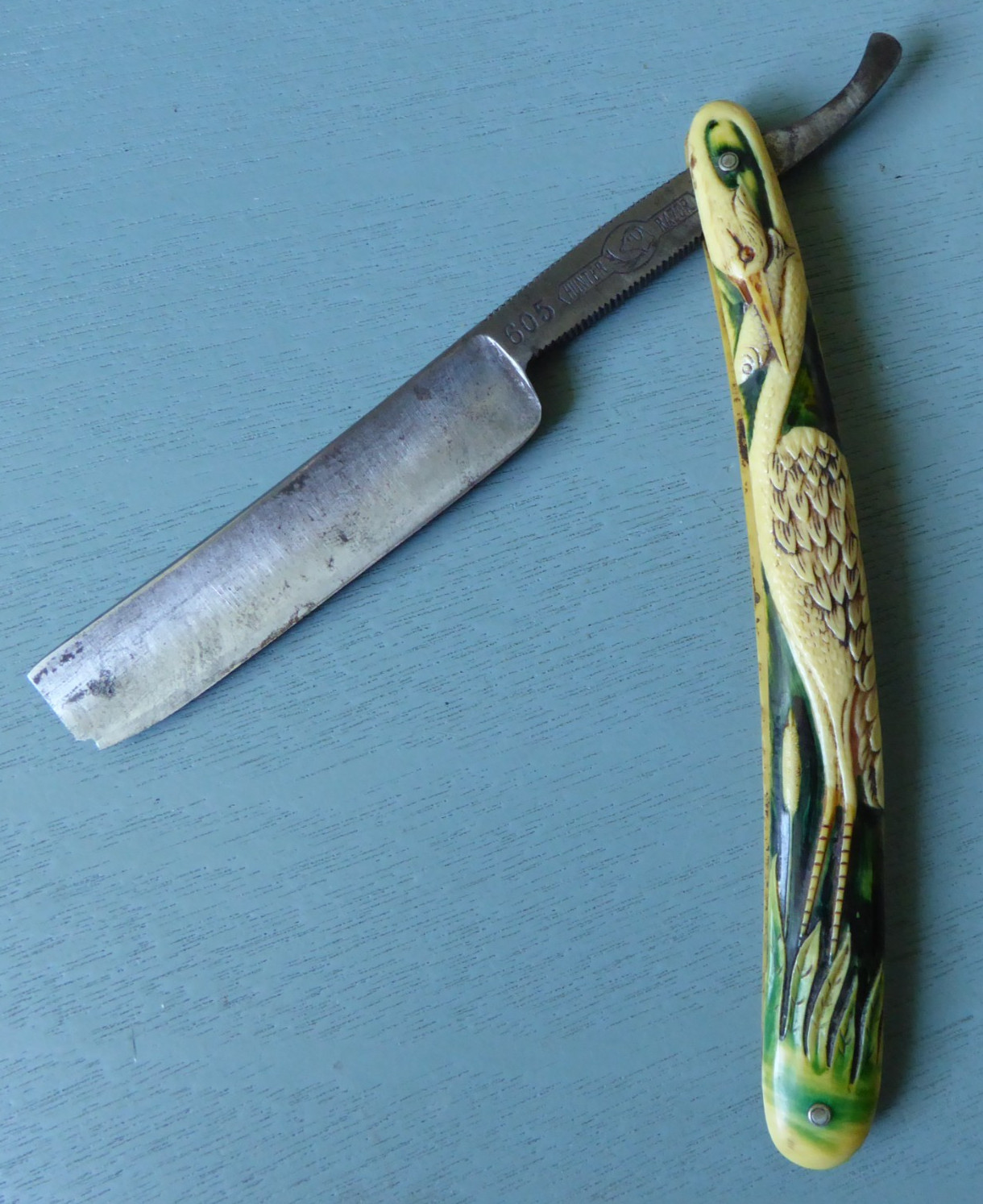 Antique Straight Razor Hunter #605 Germany Heron & Fish Figural Celluloid ExcCnd Antique Straight Razor Hunter #605 Germany Heron & Fish Figural Celluloid ExcCnd