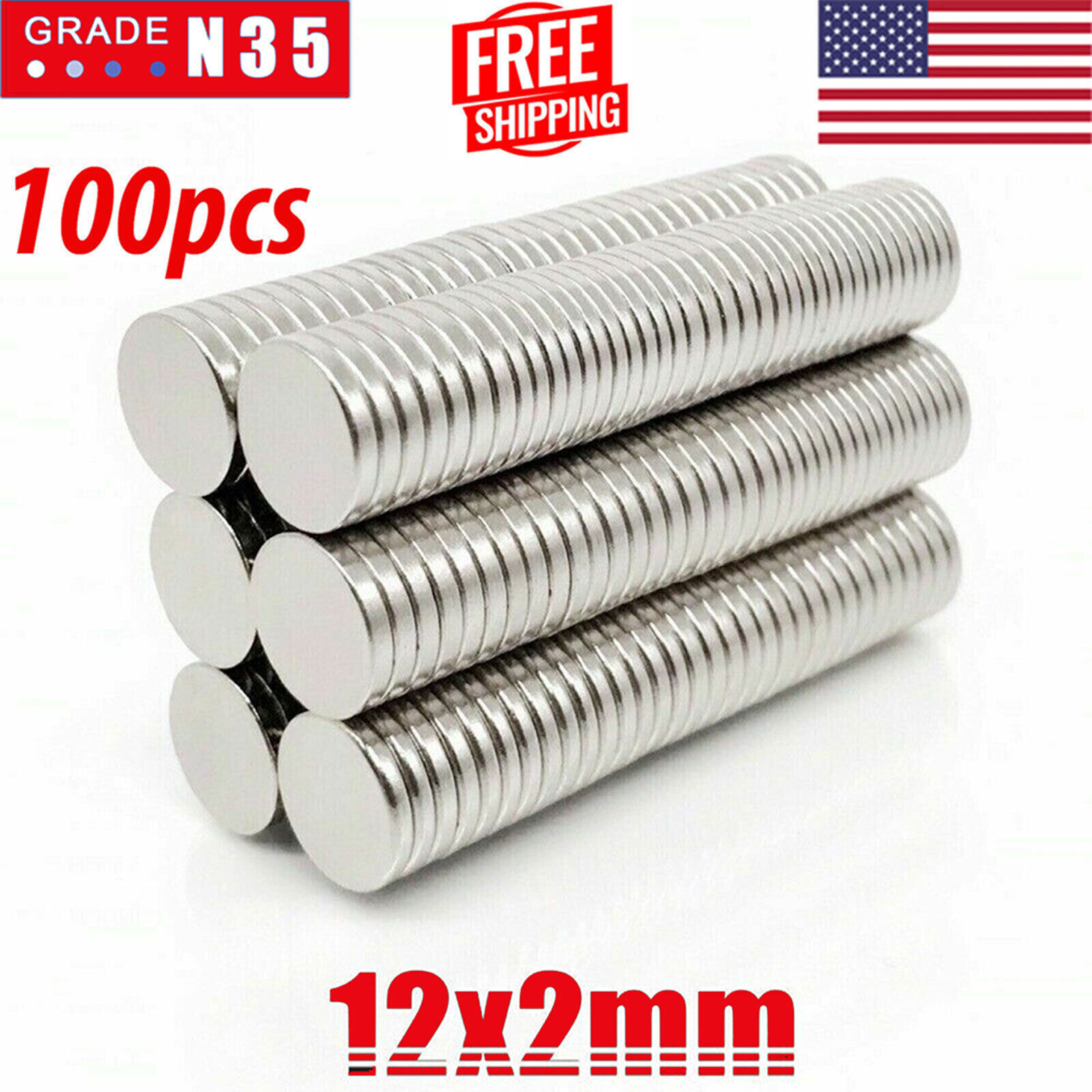100 Neodymium Magnets Round Disc N35 Super Strong Rare Earth 12mm X 2mm Lot New
