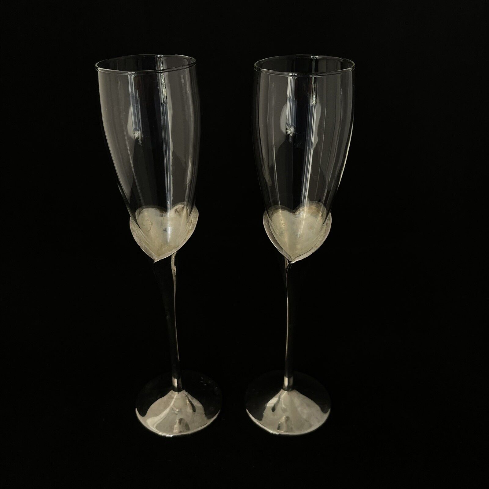 Champagne Flute Wedding Promise Silver Plated Stems Heart Shape 2 Lenox Vintage