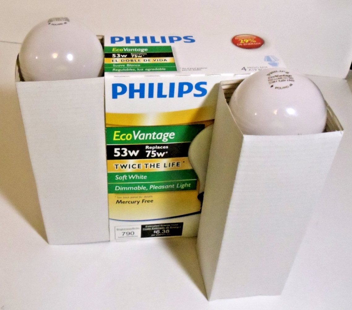 ✅4-Pack Vintage 75W Philips Soft White Double Life A19 Light Bulbs New in Carton ✅4-Pack Vintage 75W Philips Soft White Double Life A19 Light Bulbs New in Carton