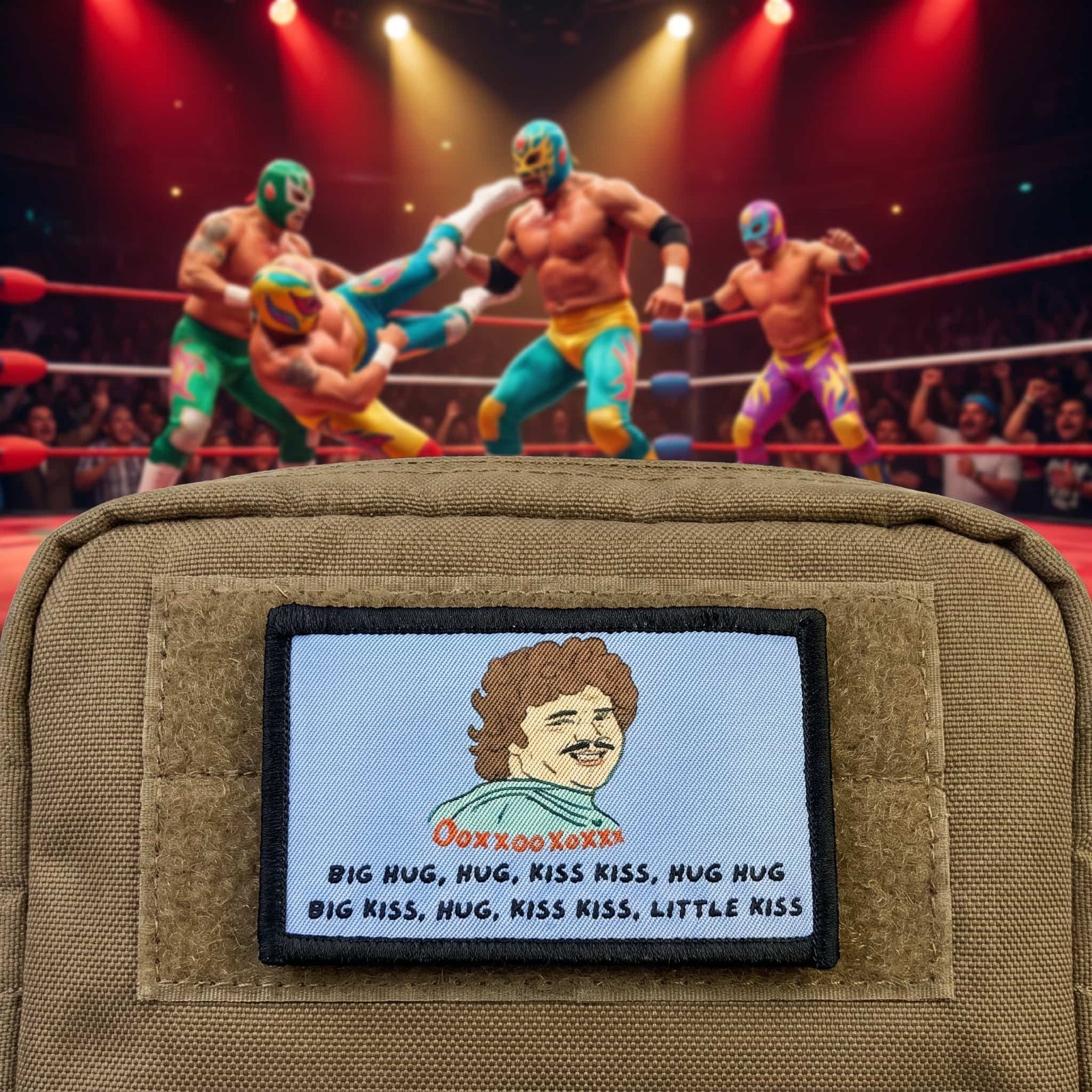 Nacho Libre Big Hug, Hug, Kiss, Kiss Morale Patch | Funny 2x3 Hook and Loop Nacho Libre Big Hug, Hug, Kiss, Kiss Morale Patch | Funny 2x3 Hook and Loop