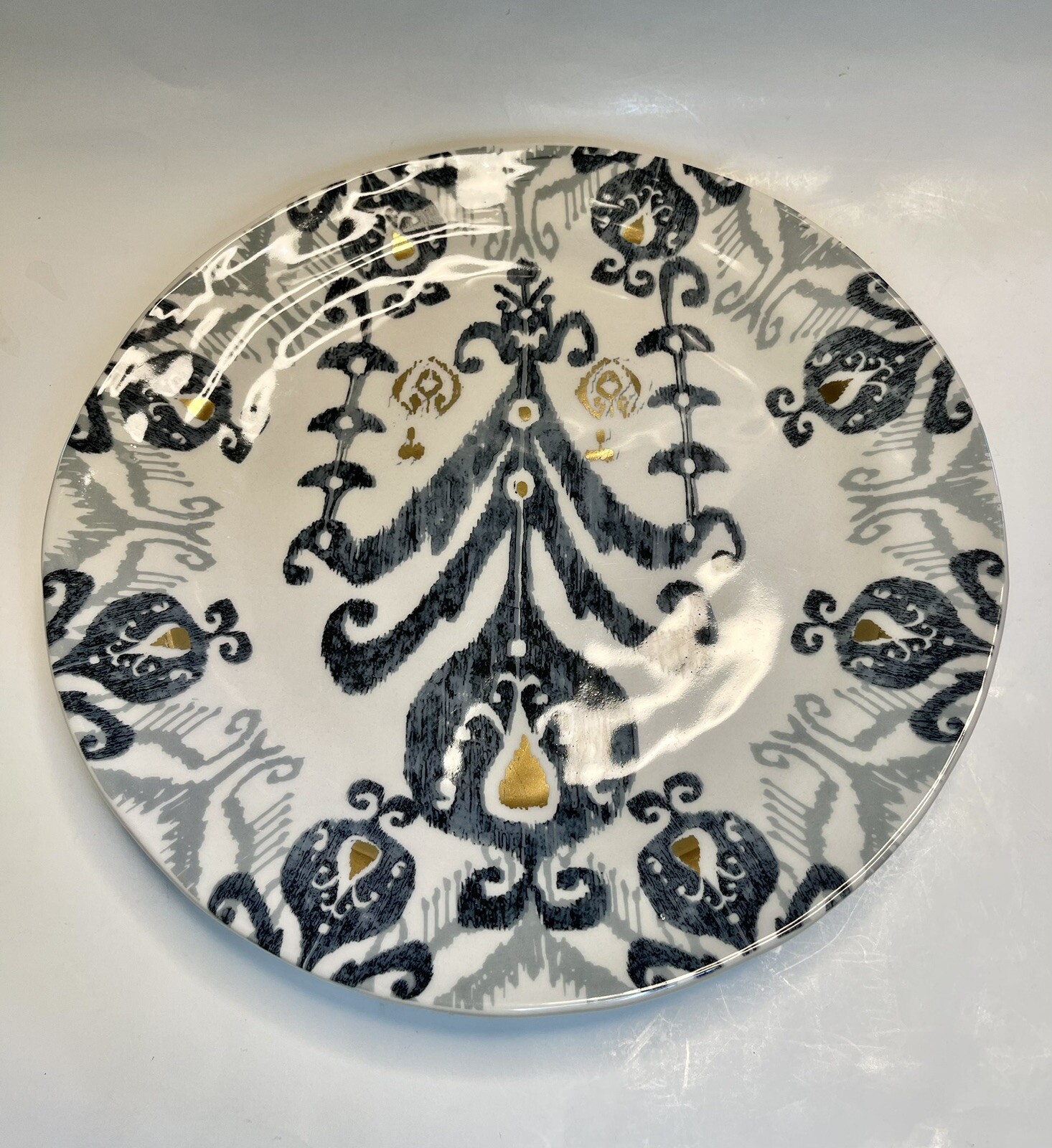 Two Anthropologie 10.5" Dinner Plate Tanja Ikat Geometric Grey and Metallic Gold Two Anthropologie 10.5" Dinner Plate Tanja Ikat Geometric Grey and Metallic Gold