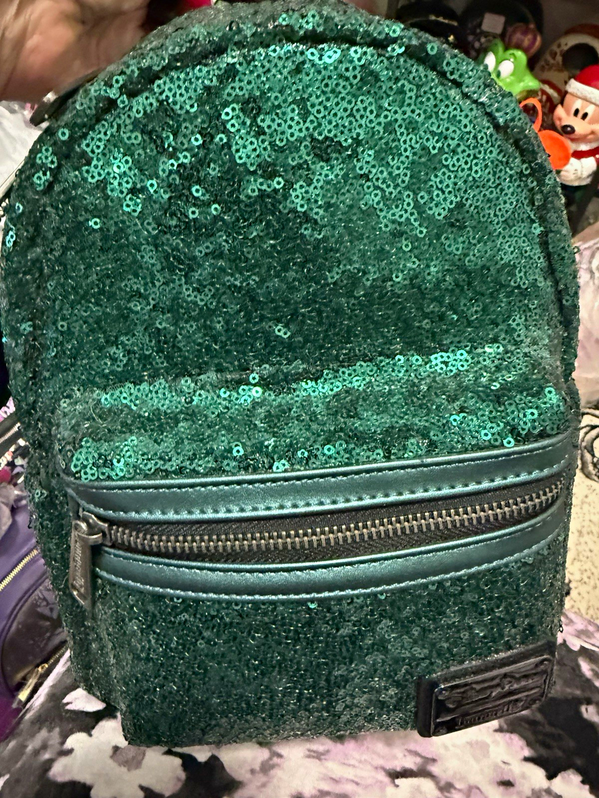 Loungefly Marvel Green Sequin Mini Backpack and attached coin purse