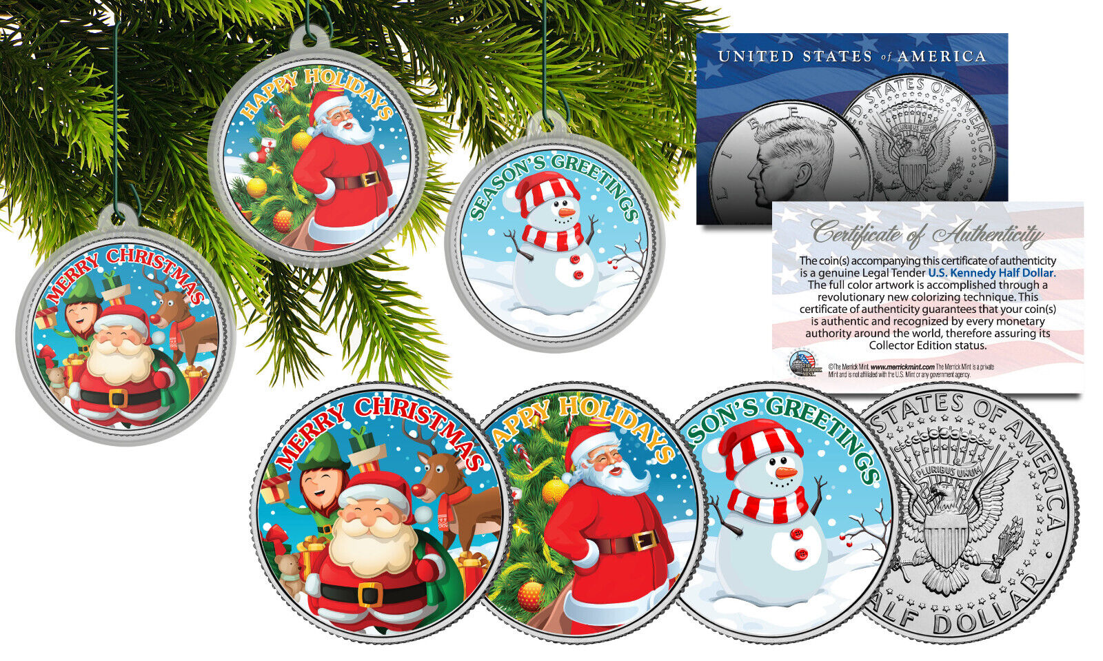 MERRY CHRISTMAS XMAS JFK Half Dollar 3-Coin Set - Snowman & Santa Tree Ornaments