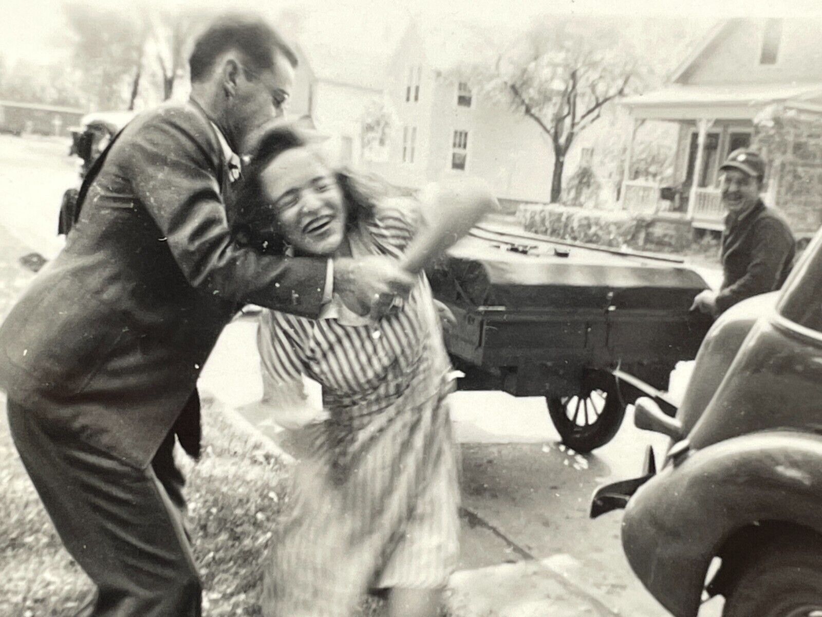 VH Photograph Man Grabbing Wrestling Woman Laughing Playing 1940\'s Old Car