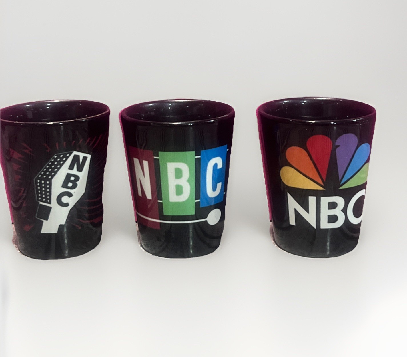 NBC T.V. Vintage Logo Shot Glasses Peacock Advertising Barware Set of 3 NBC T.V. Vintage Logo Shot Glasses Peacock Advertising Barware Set of 3