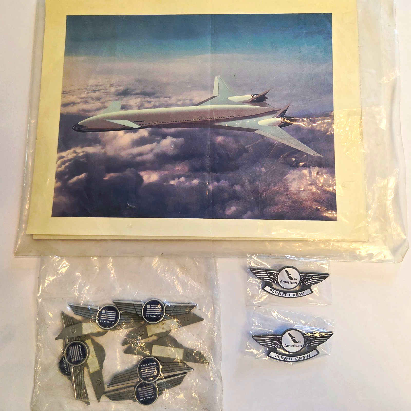 Vtg American Airlines Flight Pilot Wings Pin Lot & Boeing Sonic Cruiser Print Vtg American Airlines Flight Pilot Wings Pin Lot & Boeing Sonic Cruiser Print