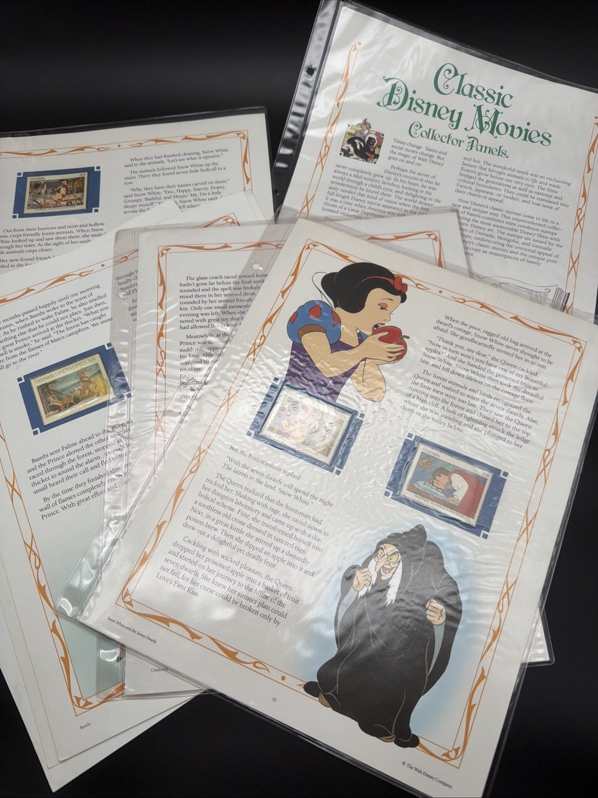 Vintage Disney Grenada Stamp Collection Story Pages Snow White Bambi Cinderella 