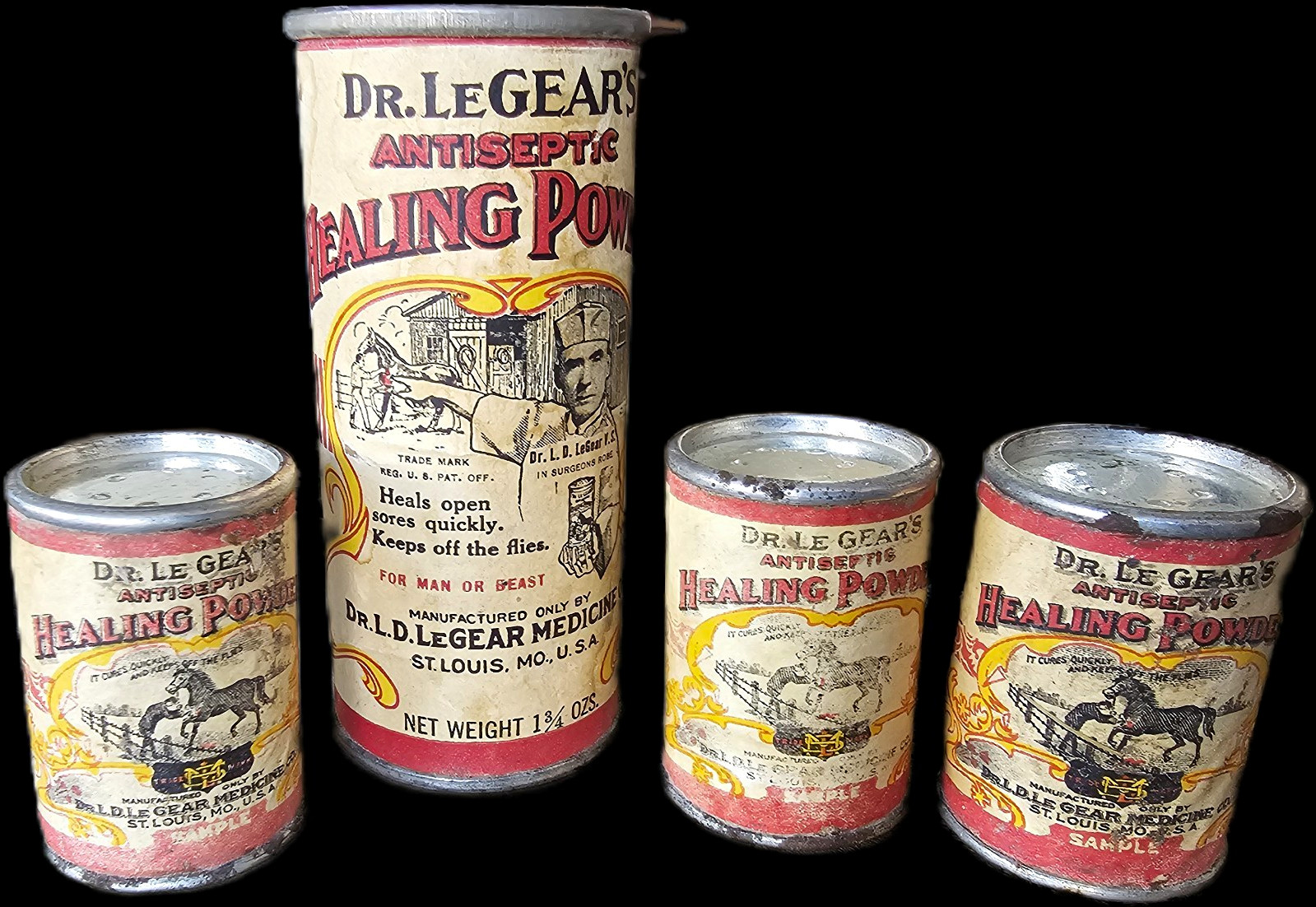 Lot of 4 Vintage Dr LeGear’s Antiseptic Healing Powder Horse Veterinary Tins Lot of 4 Vintage Dr LeGear’s Antiseptic Healing Powder Horse Veterinary Tins