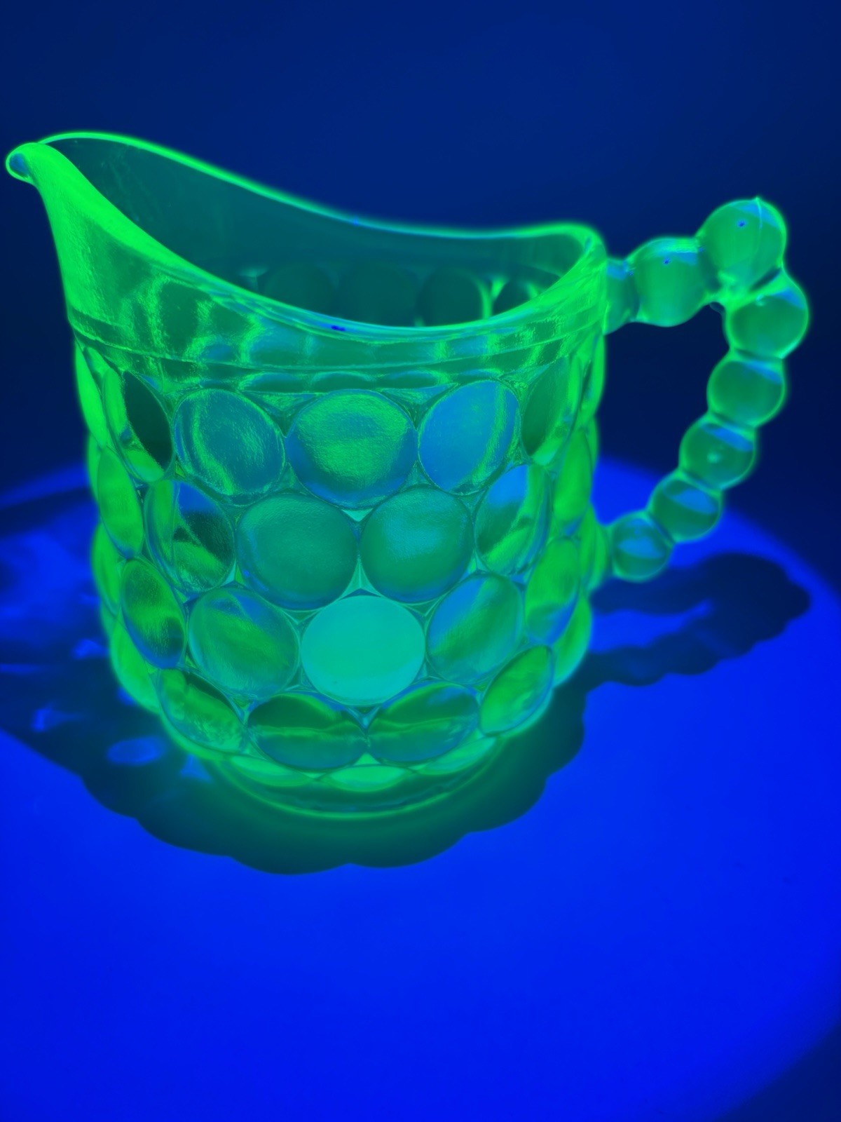 Vtg HTF Westmoreland Yellow Uranium Glass Thousand Eye Child’s Pitcher UV Glower Vtg HTF Westmoreland Yellow Uranium Glass Thousand Eye Child’s Pitcher UV Glower