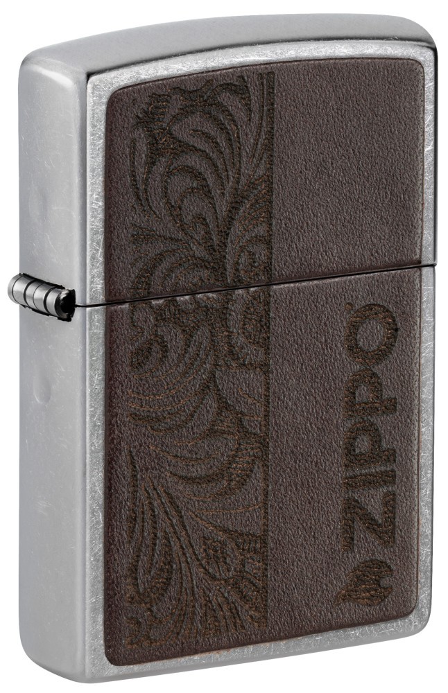 Zippo Brown Leather Emblem - Zippo Design Street Chrome Windproof Pocket Ligh... Zippo Brown Leather Emblem - Zippo Design Street Chrome Windproof Pocket Ligh...