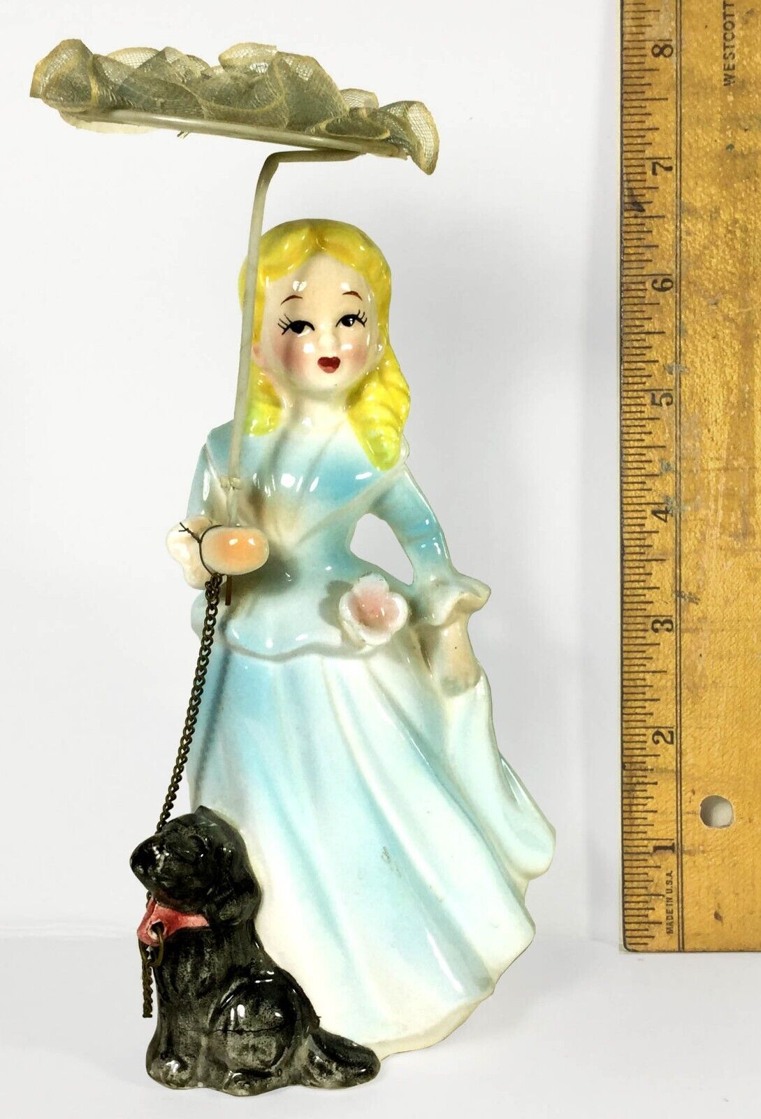 Vintage Young Lady With Parasol Ceramic Figurine - Made By Wales (Circa 1950\'s)