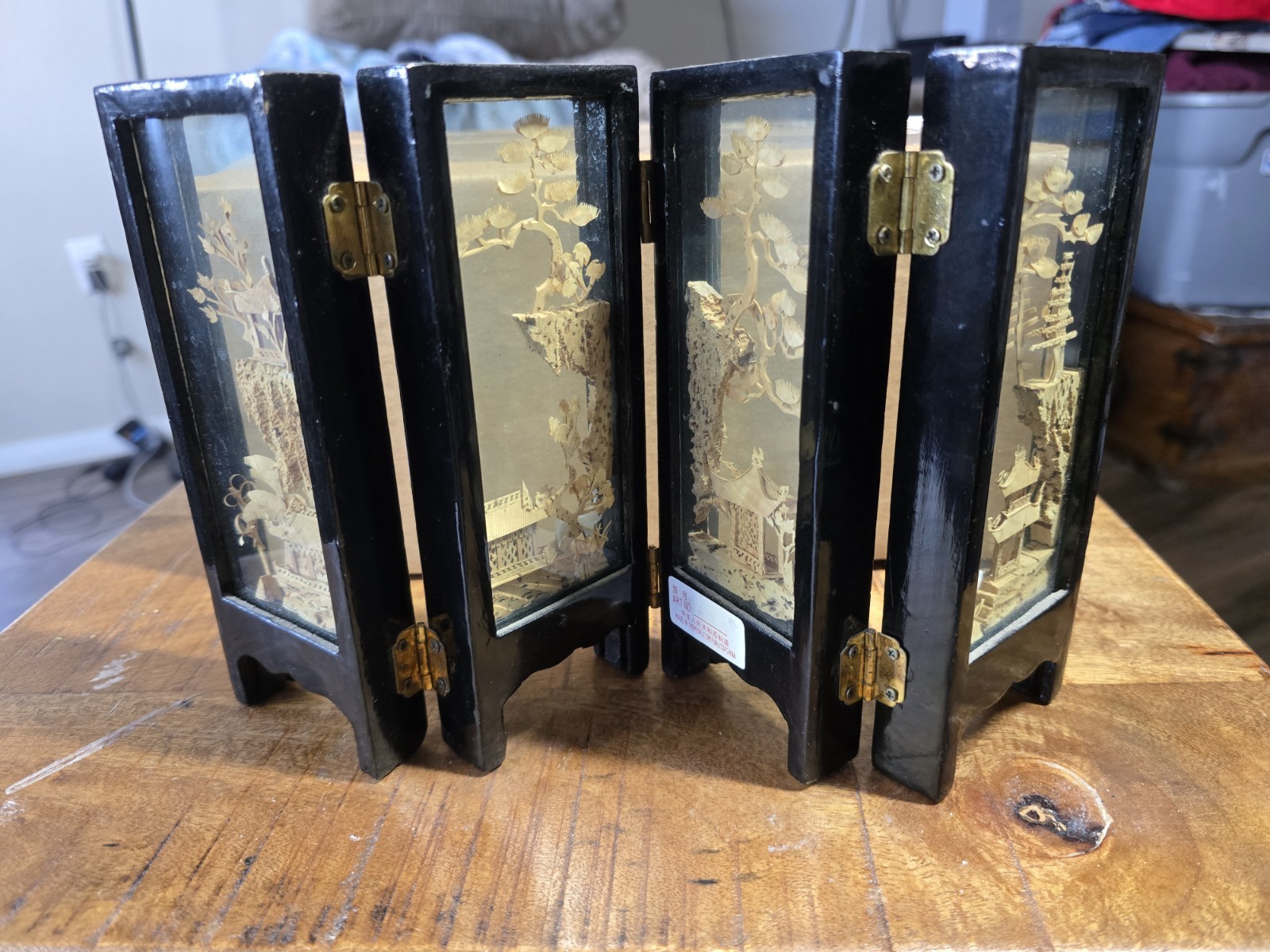Carved Cork Diorama Brown Lacquer/Glass 4Panel Mini Divider Folding Screen Asian