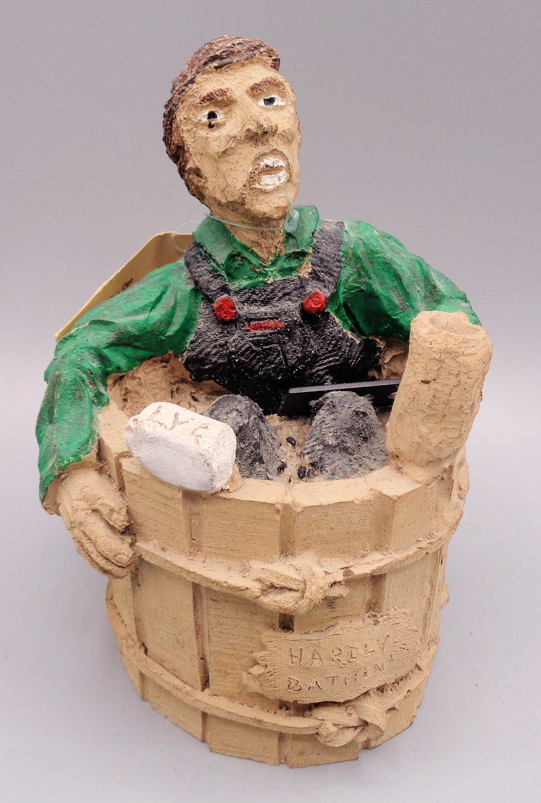 Vintage Hand Made Painted Man in Barrel Country Figurine Primitive Sculpture