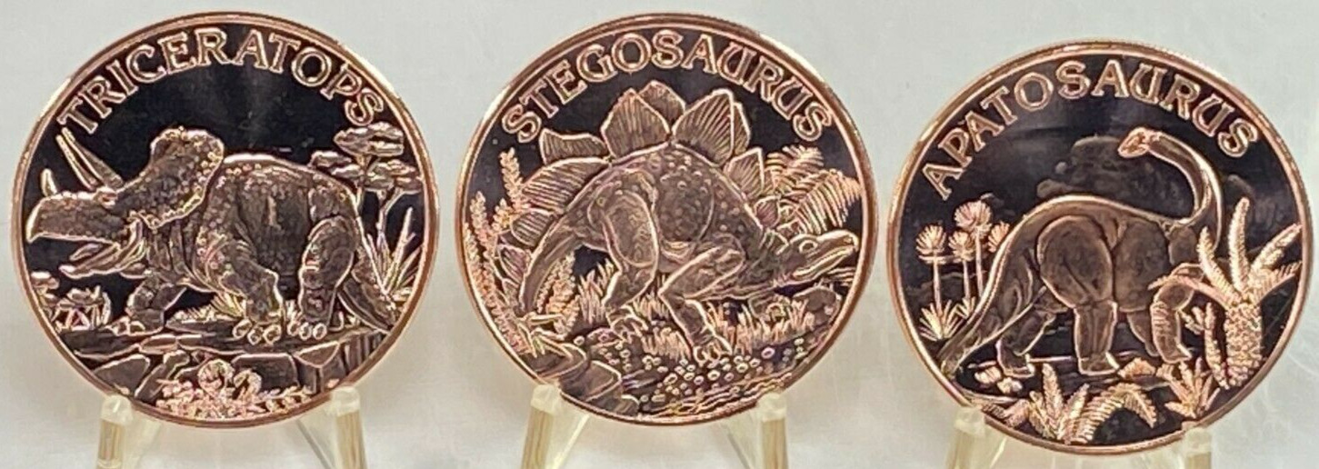 Copper Coins * Herbivore Dinosaur Set * 3 Piece Lot * Fine .999 Bullion Rounds