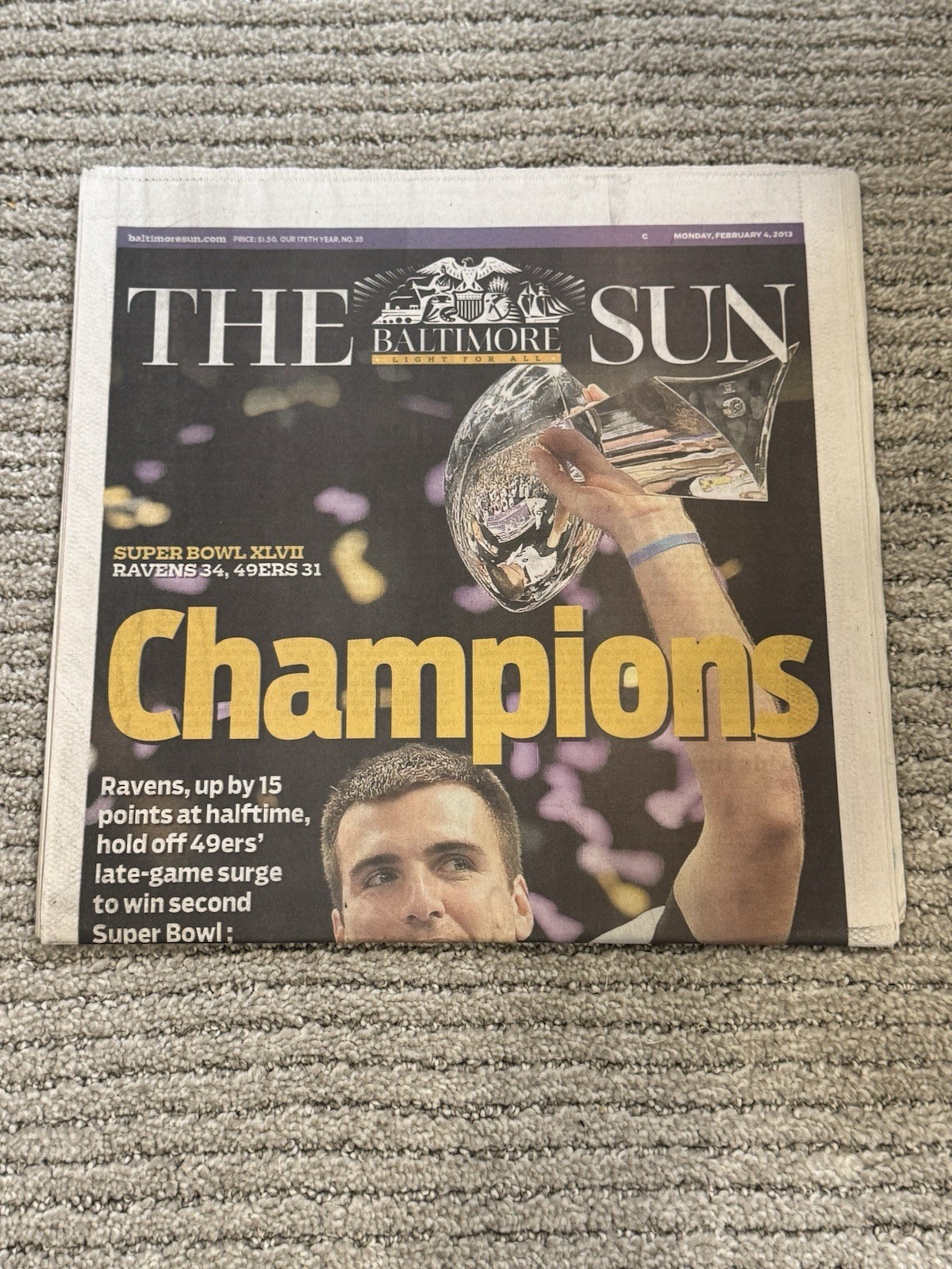 2013 BALTIMORE SUN 2/4 FULL NEWSPAPER RAVENS WIN SUPER BOWL XLVII FLACCO MVP 2013 BALTIMORE SUN 2/4 FULL NEWSPAPER RAVENS WIN SUPER BOWL XLVII FLACCO MVP