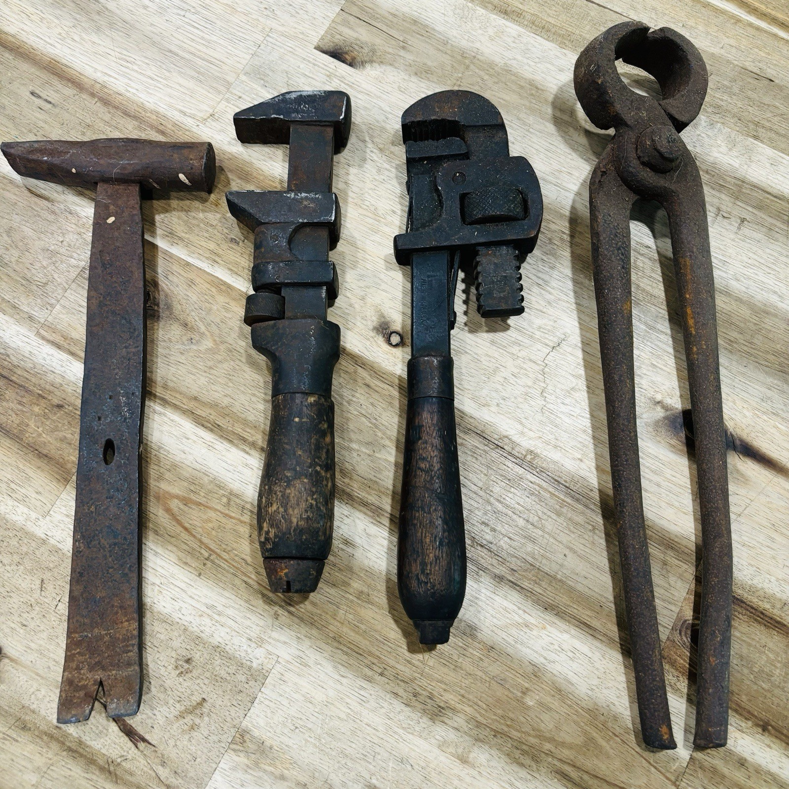 Lot Of 4 Antique Monkey Pipe Wood Handle Wrench Allentown Pliers Tack Hammer Lot Of 4 Antique Monkey Pipe Wood Handle Wrench Allentown Pliers Tack Hammer