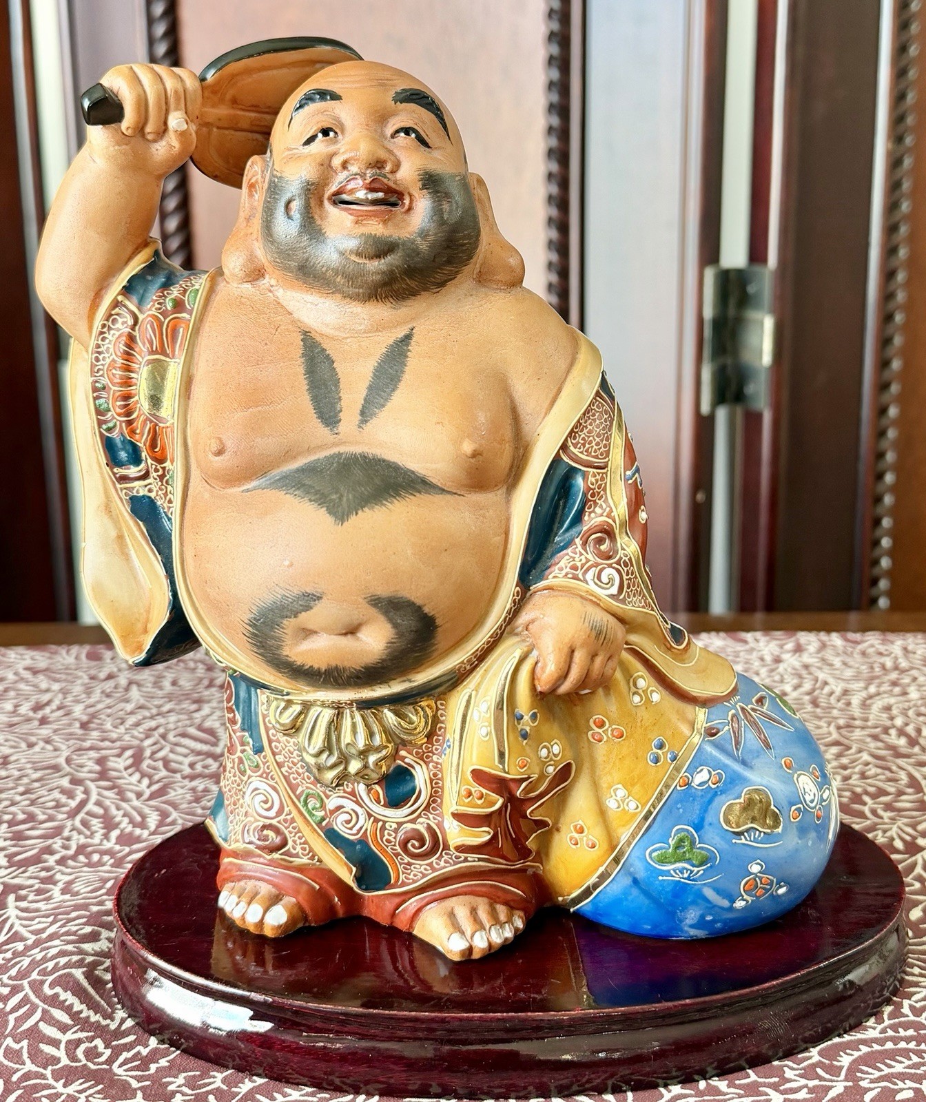 Vintage Japanese Kutani Porcelain 8” Hotei Figurine With Fan & Treasure Bag Vintage Japanese Kutani Porcelain 8” Hotei Figurine With Fan & Treasure Bag