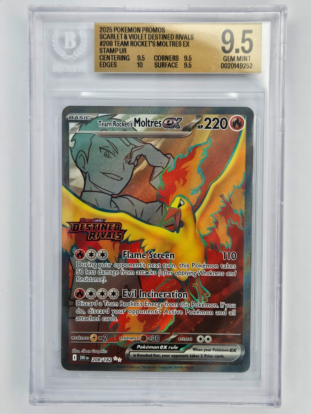 2025 Pokemon Destined Rivals 208/182 Team Rocket's Moltres ex UPC Stamp BGS 9.5 2025 Pokemon Destined Rivals 208/182 Team Rocket's Moltres ex UPC Stamp BGS 9.5