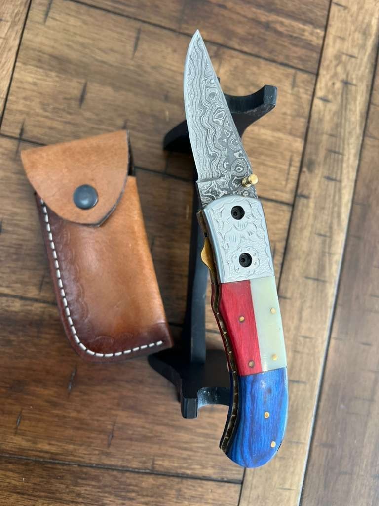 CUSTOM HANDMADE DAMASCUS TAXES FLAG ANDLE FOLDING KNIFE WITH PREMIUM SHEATH 29 CUSTOM HANDMADE DAMASCUS TAXES FLAG ANDLE FOLDING KNIFE WITH PREMIUM SHEATH 29