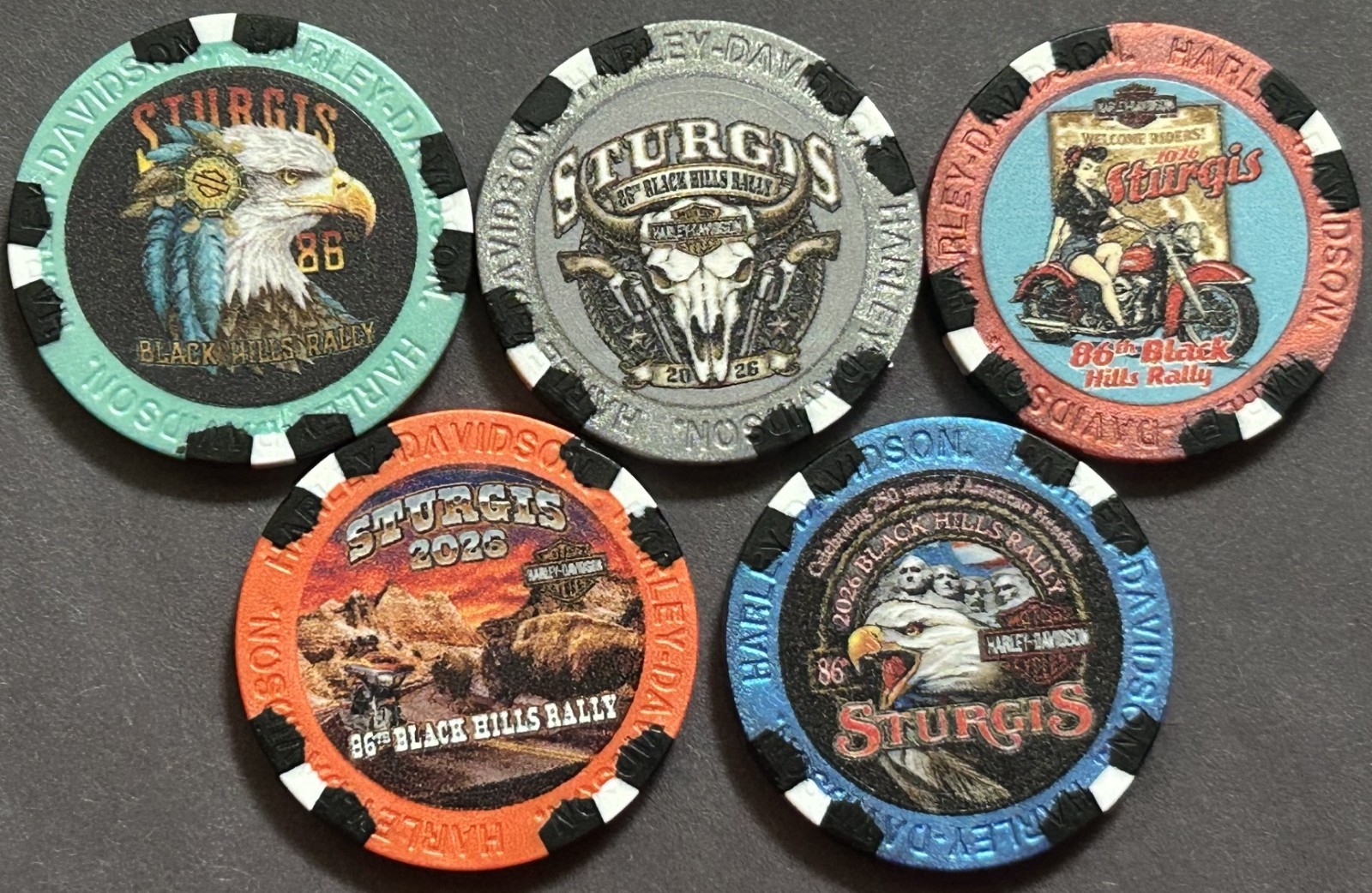 Harley Davidson 86th Anniversary Sturgis Black Hills Rally 2026 5 poker chip set Harley Davidson 86th Anniversary Sturgis Black Hills Rally 2026 5 poker chip set