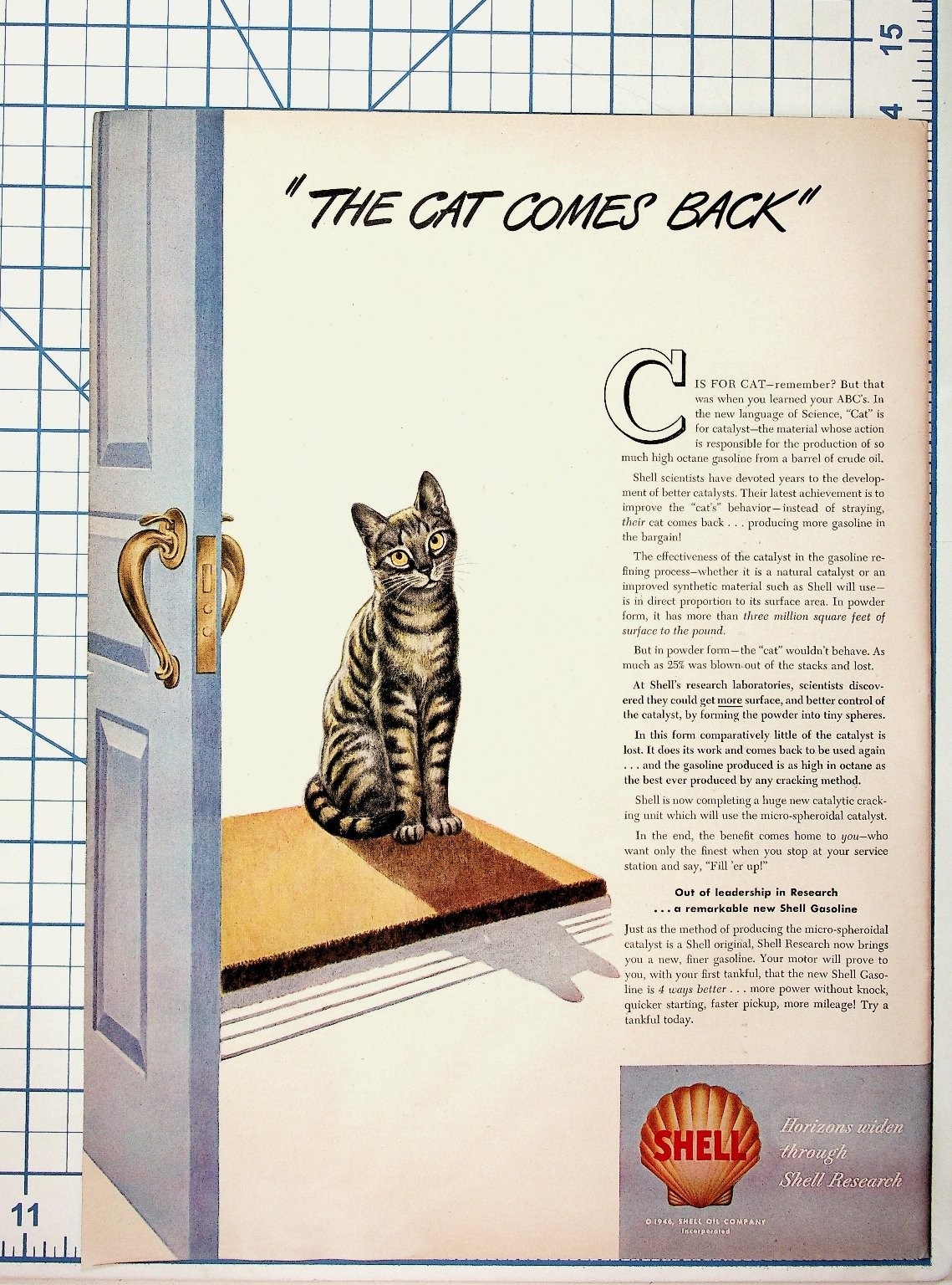 1946 Shell Gasoline "The Cat Comes Back" Vintage Magazine Ad Cat Catalyst 1946 Shell Gasoline "The Cat Comes Back" Vintage Magazine Ad Cat Catalyst