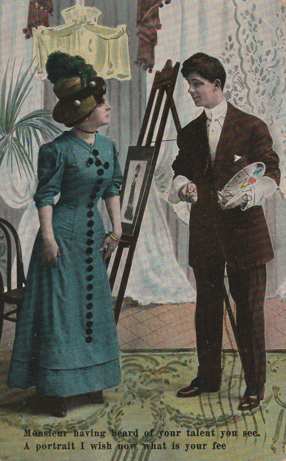 1908 NY, NY Postmark, Theochrom #1079 Woman meeting Artist a318 1908 NY, NY Postmark, Theochrom #1079 Woman meeting Artist a318