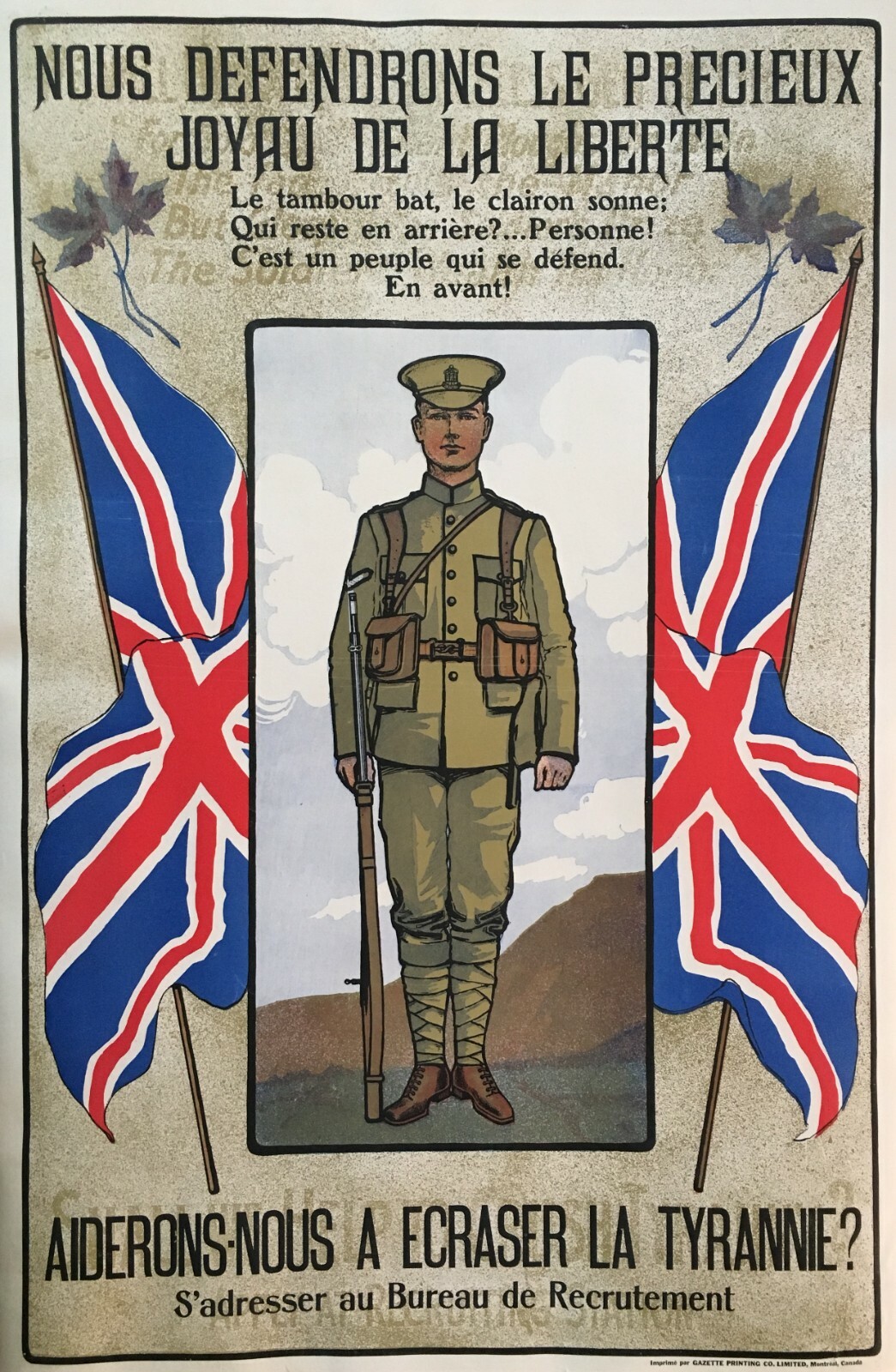 Scarce WWI French Canadian Recruiting Poster, "Aiderons-Nous Scarce WWI French Canadian Recruiting Poster, "Aiderons-Nous